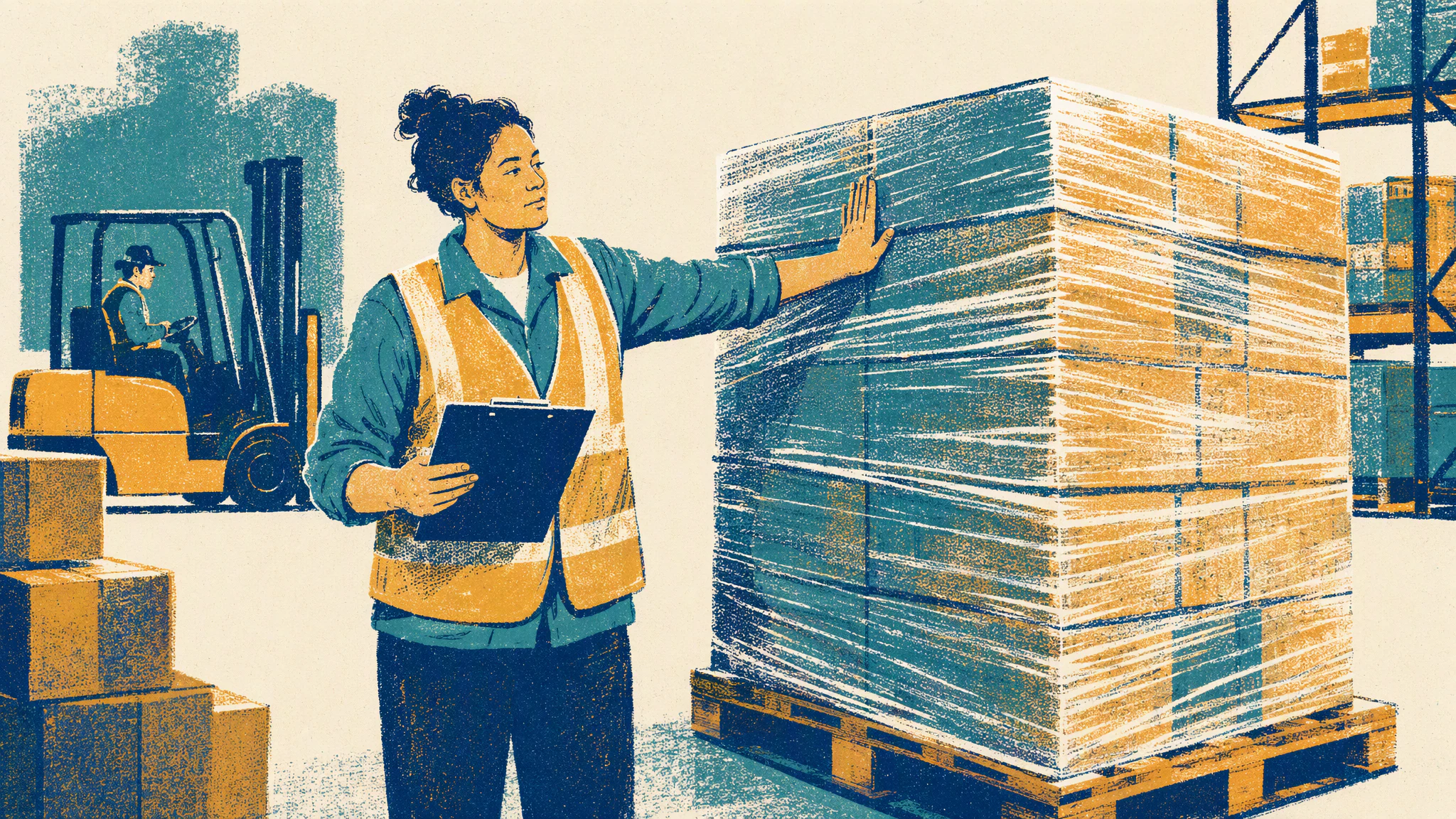 A payables supervisor stands at an office printer holding a stack of paper invoices while a colleague waits beside her with a folder.