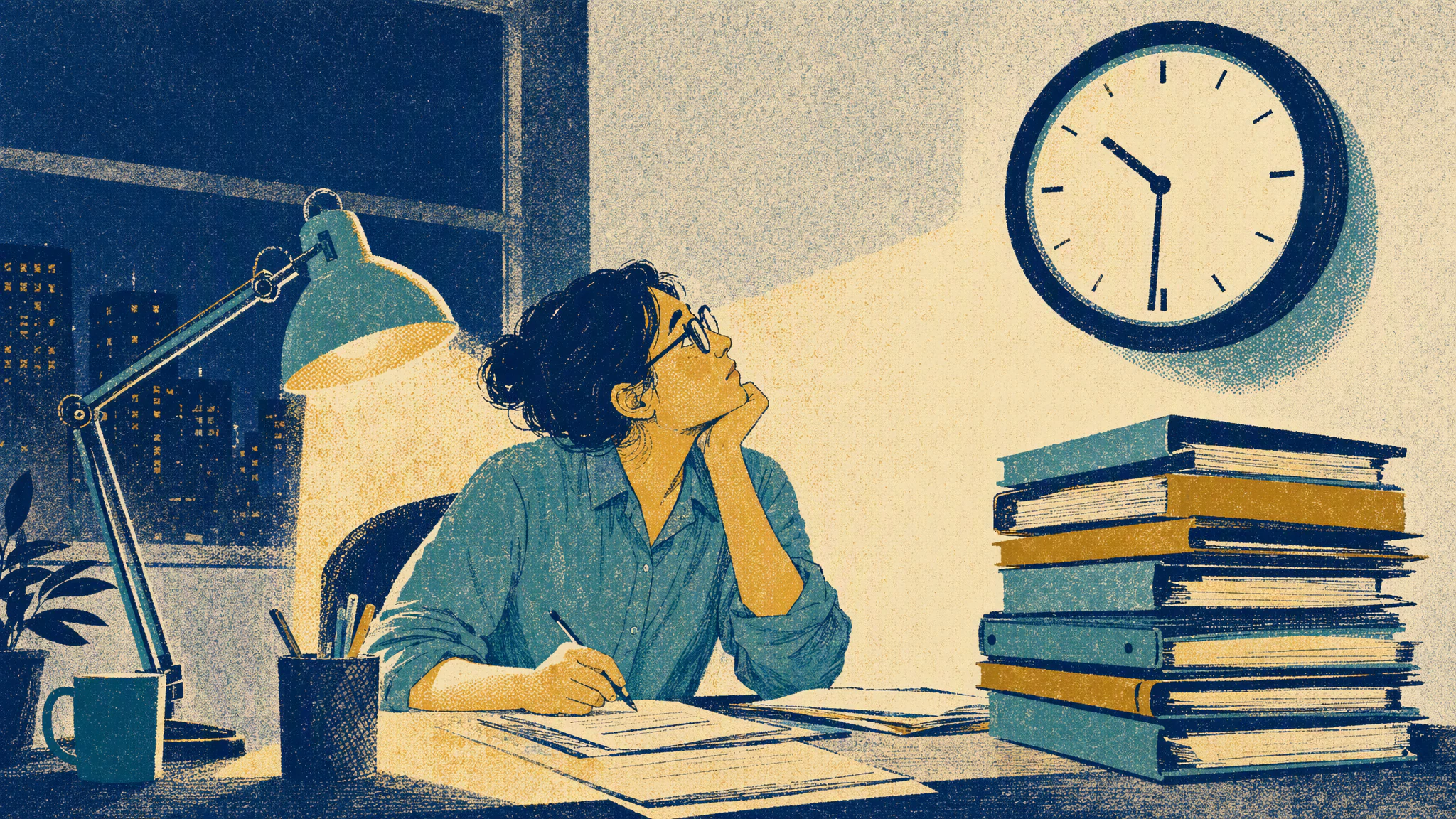 An accountant sits alone in a lit office at night, watching a wall clock while a stack of folders waits on the desk.