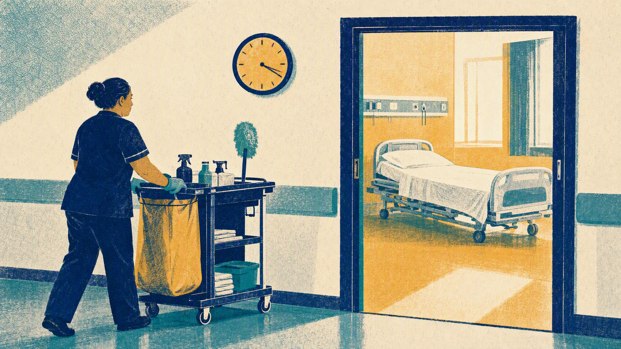 A hospital housekeeper pushes a cleaning cart down a quiet corridor past an empty patient room with the bed stripped bare.
