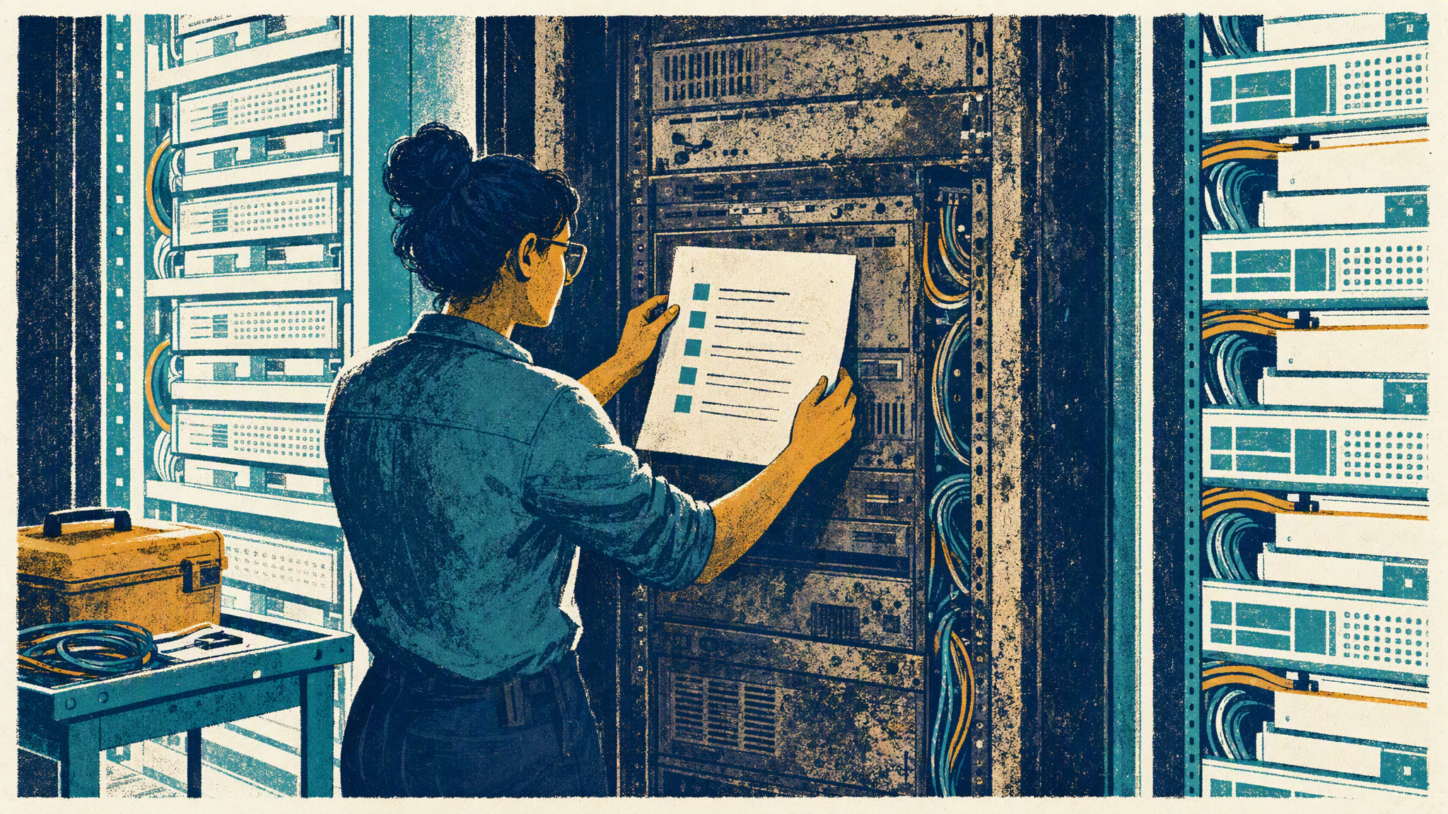 A server rack in a dim data center with a technician reviewing a paper checklist under fluorescent light.