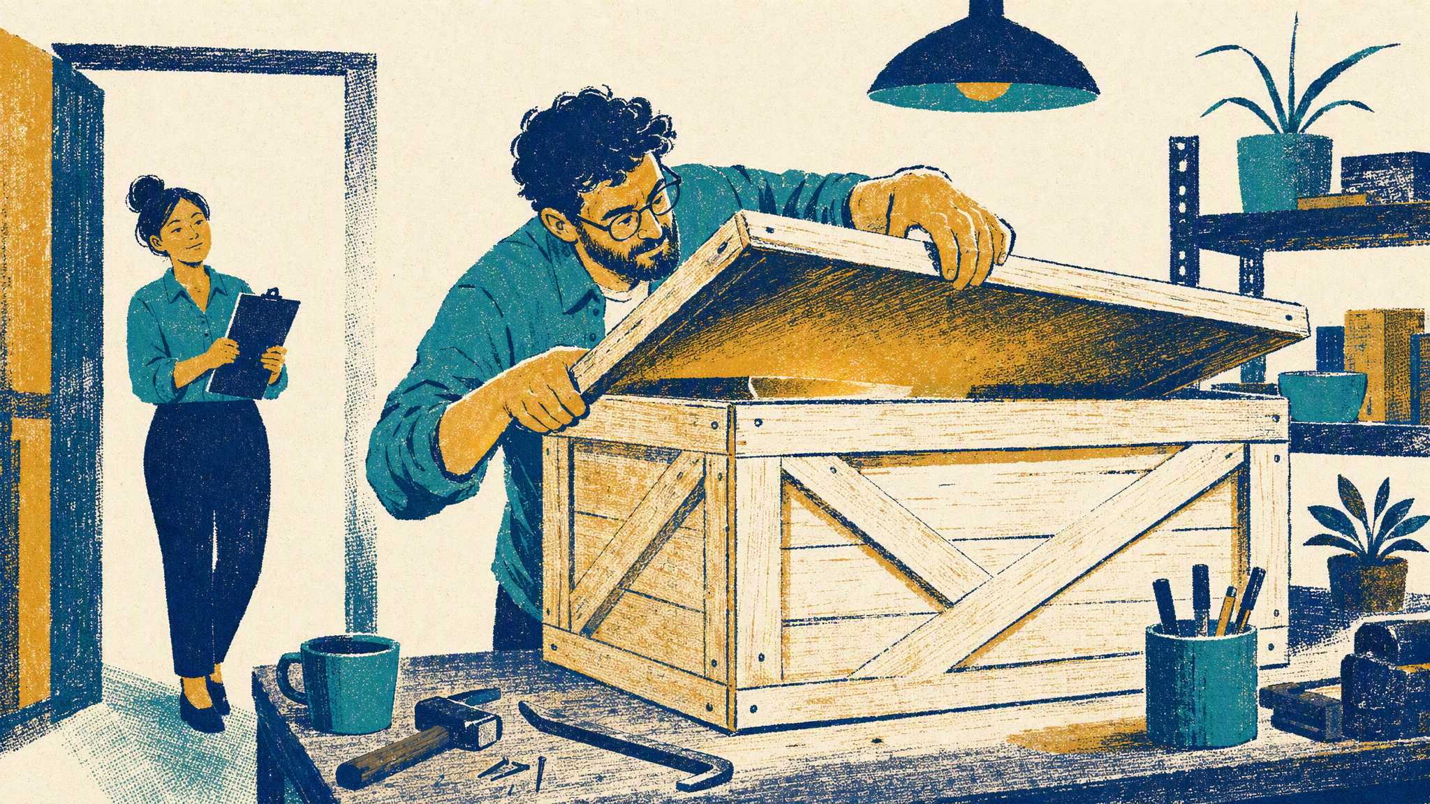 A developer at a workbench opens a sealed shipping crate while a colleague holds a clipboard and waits by the door.