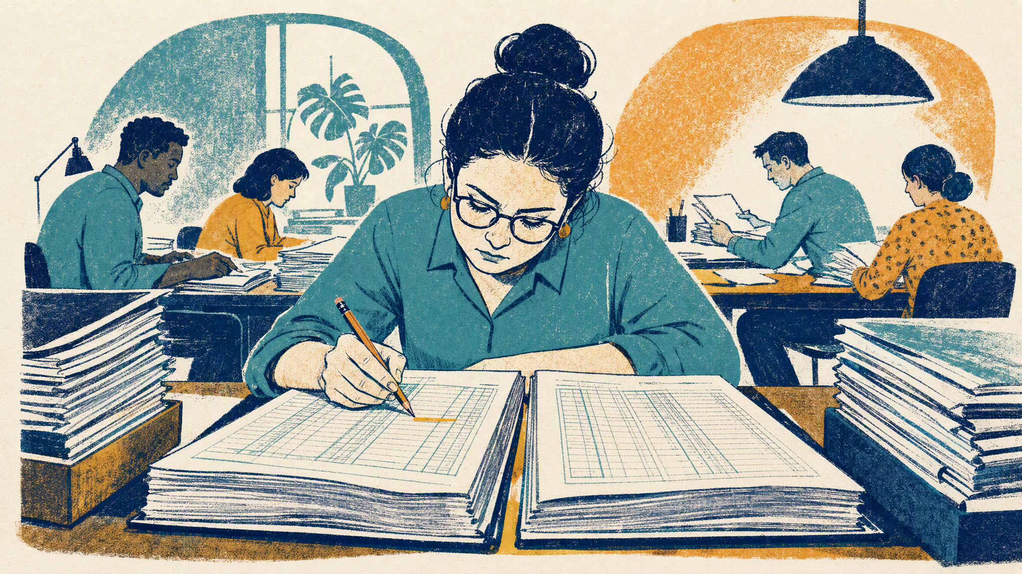 A payroll clerk at a long table compares two thick printed payroll registers line by line and marks a difference in pencil.