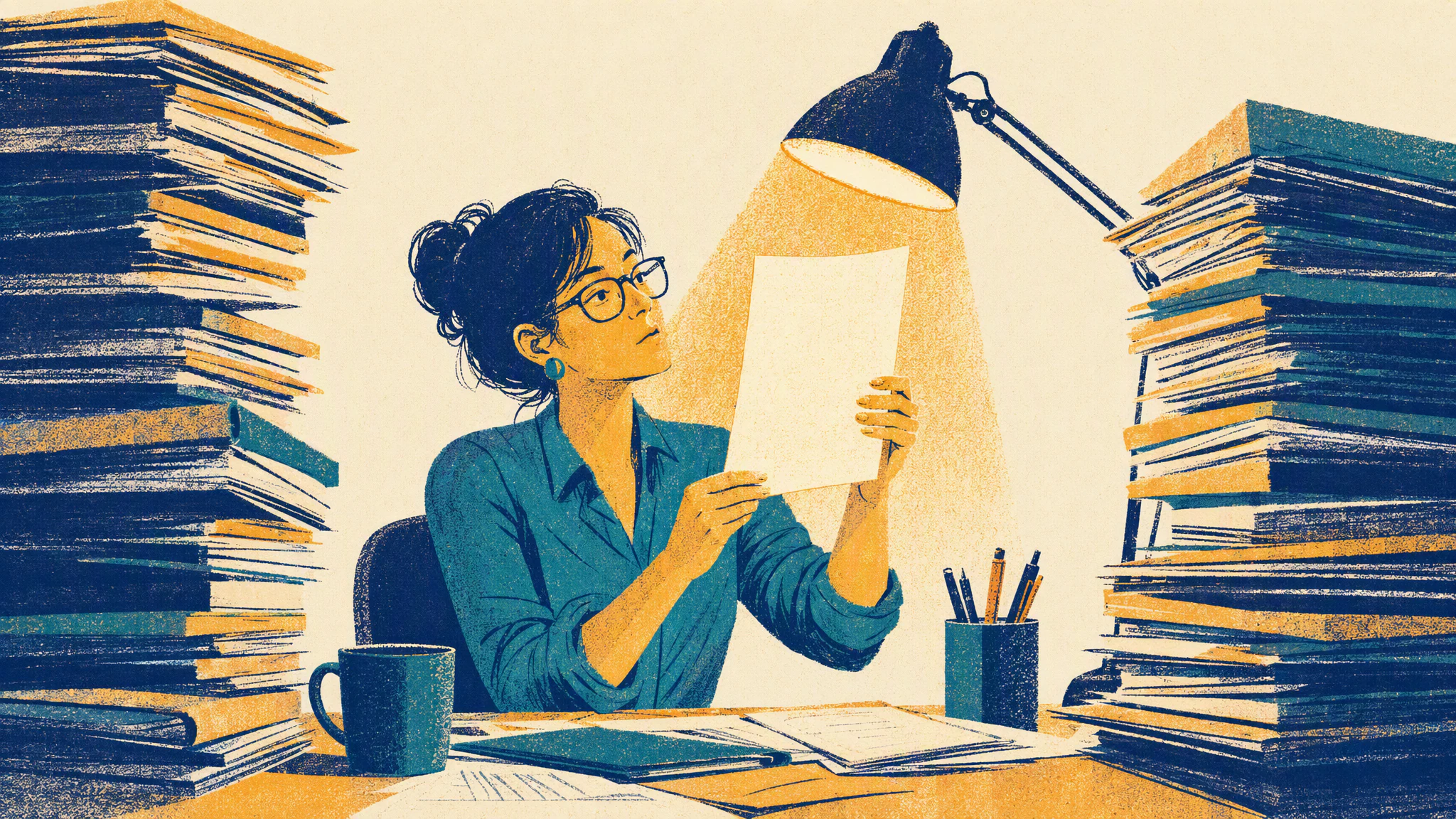 A payroll analyst sitting at a desk between two tall stacks of paper folders, holding one sheet up to a desk lamp.