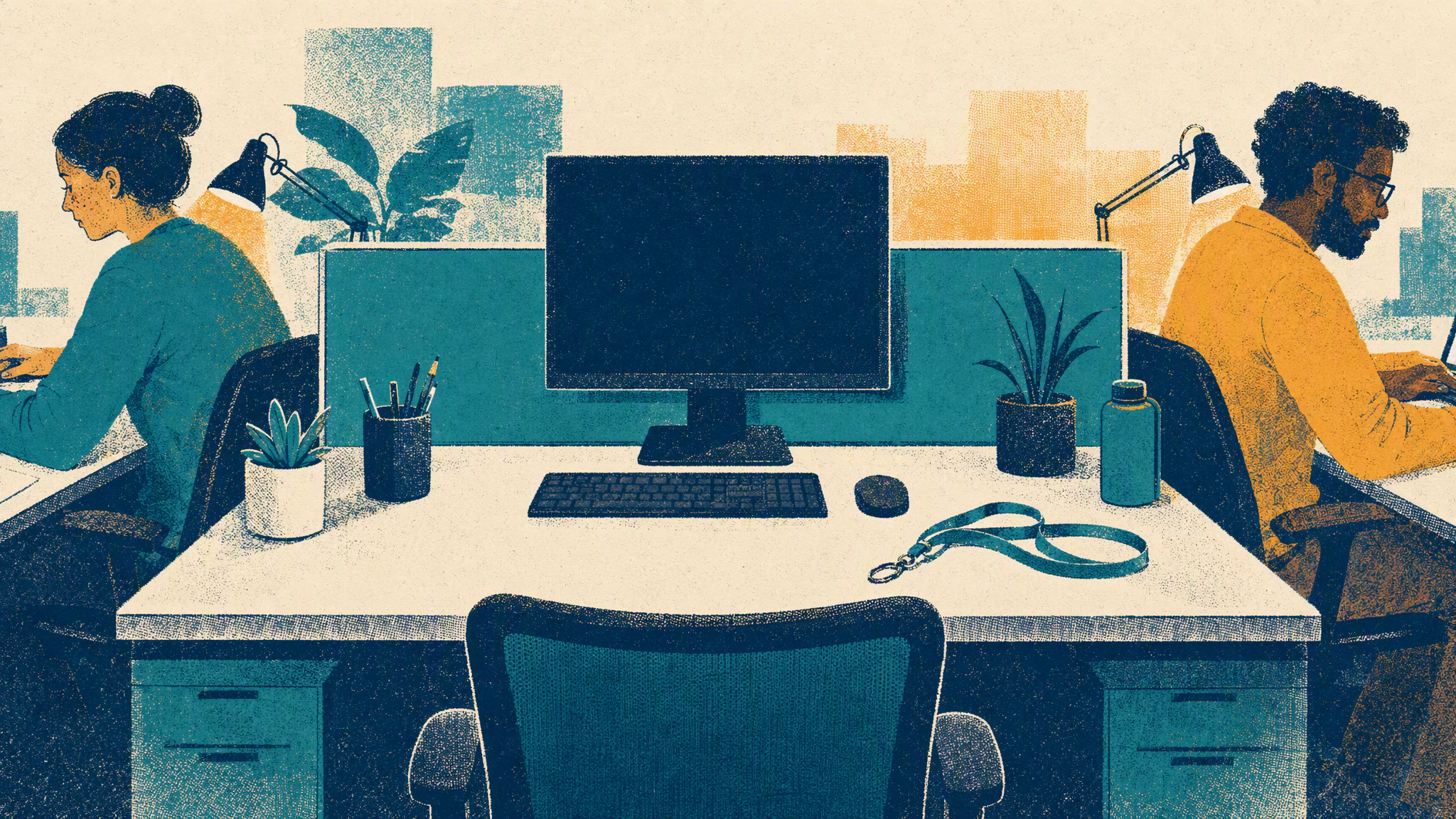 An empty office desk with the chair pushed in, a dark monitor, and a lanyard coiled beside the keyboard.