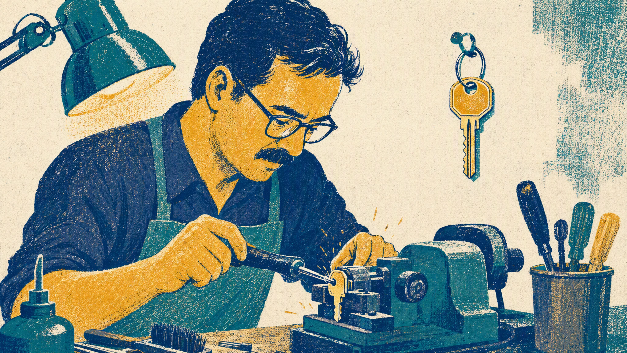 A locksmith cuts a duplicate key at a workbench while a second key hangs on a hook behind him.