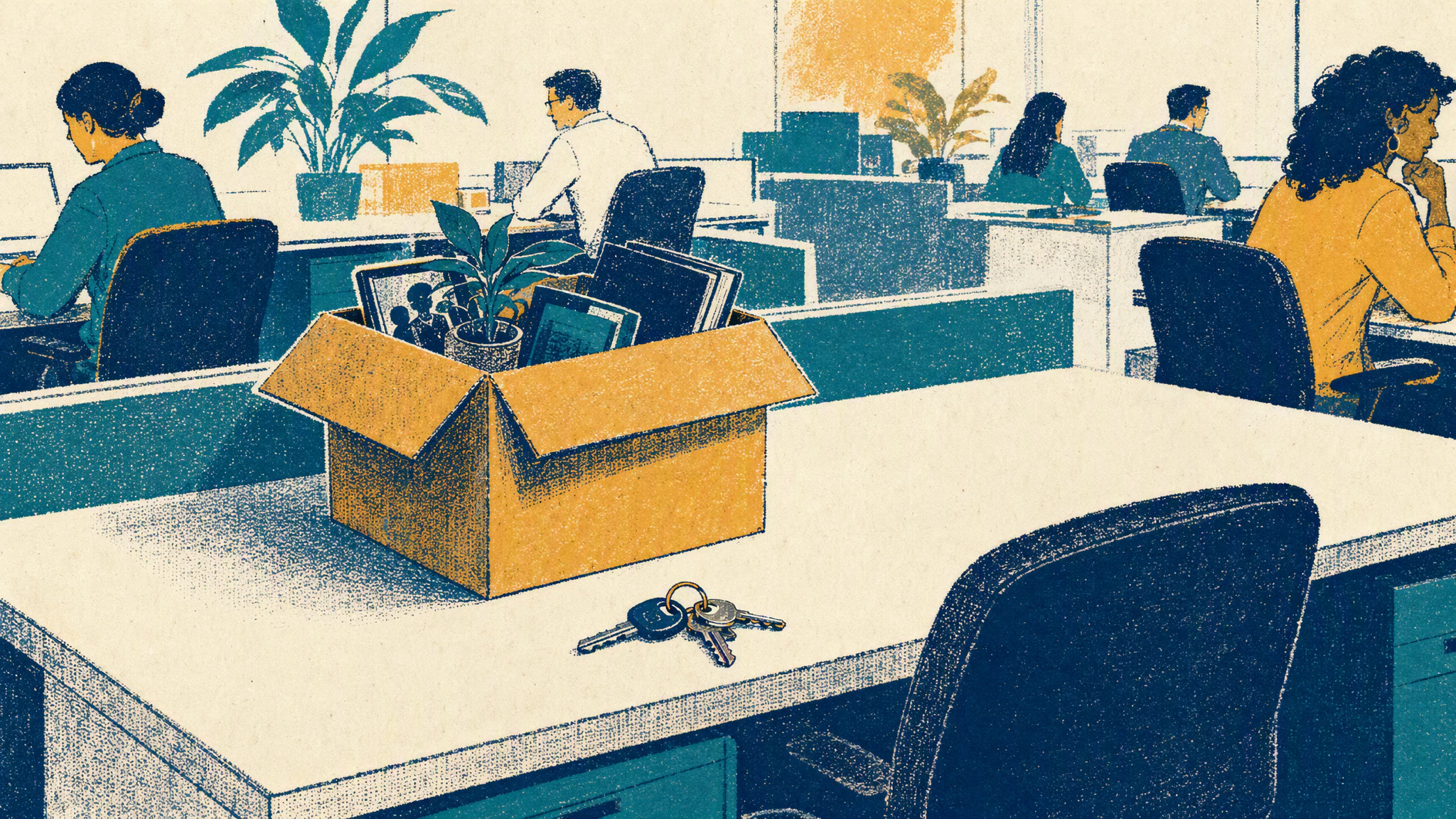 An empty office desk with a cardboard box of personal belongings on top and a ring of keys left beside it.