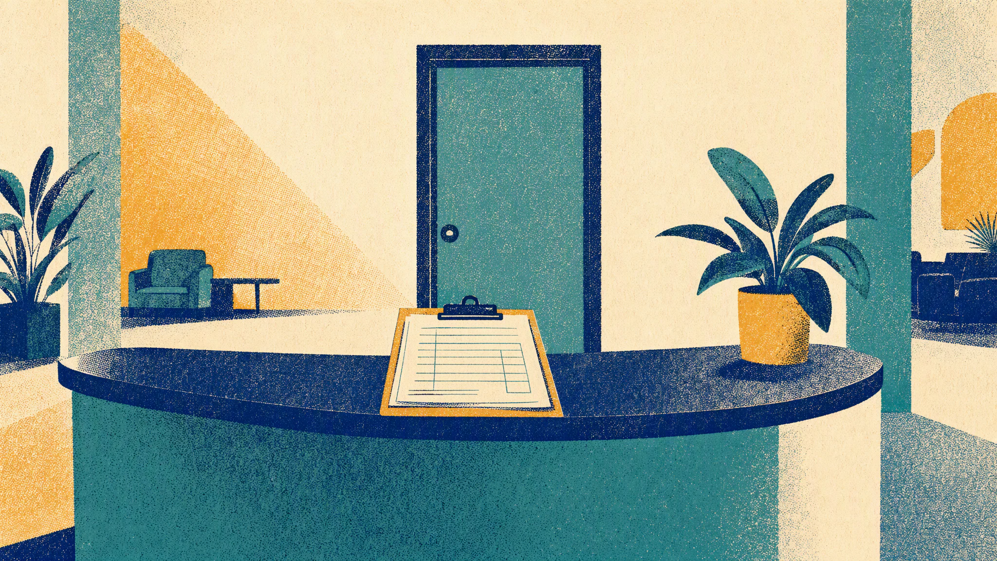 A reception desk in an empty office lobby with a paper form on a clipboard and a closed door behind it.