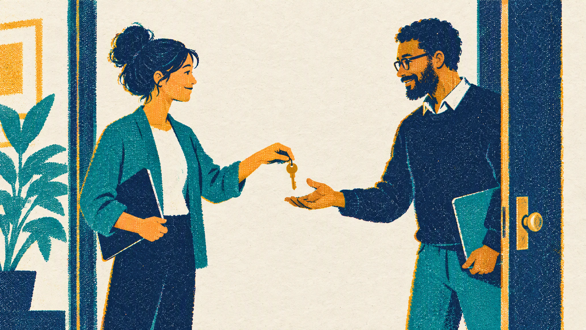 Two colleagues standing in a doorway as one passes a single brass key to the other, who reaches out to take it.