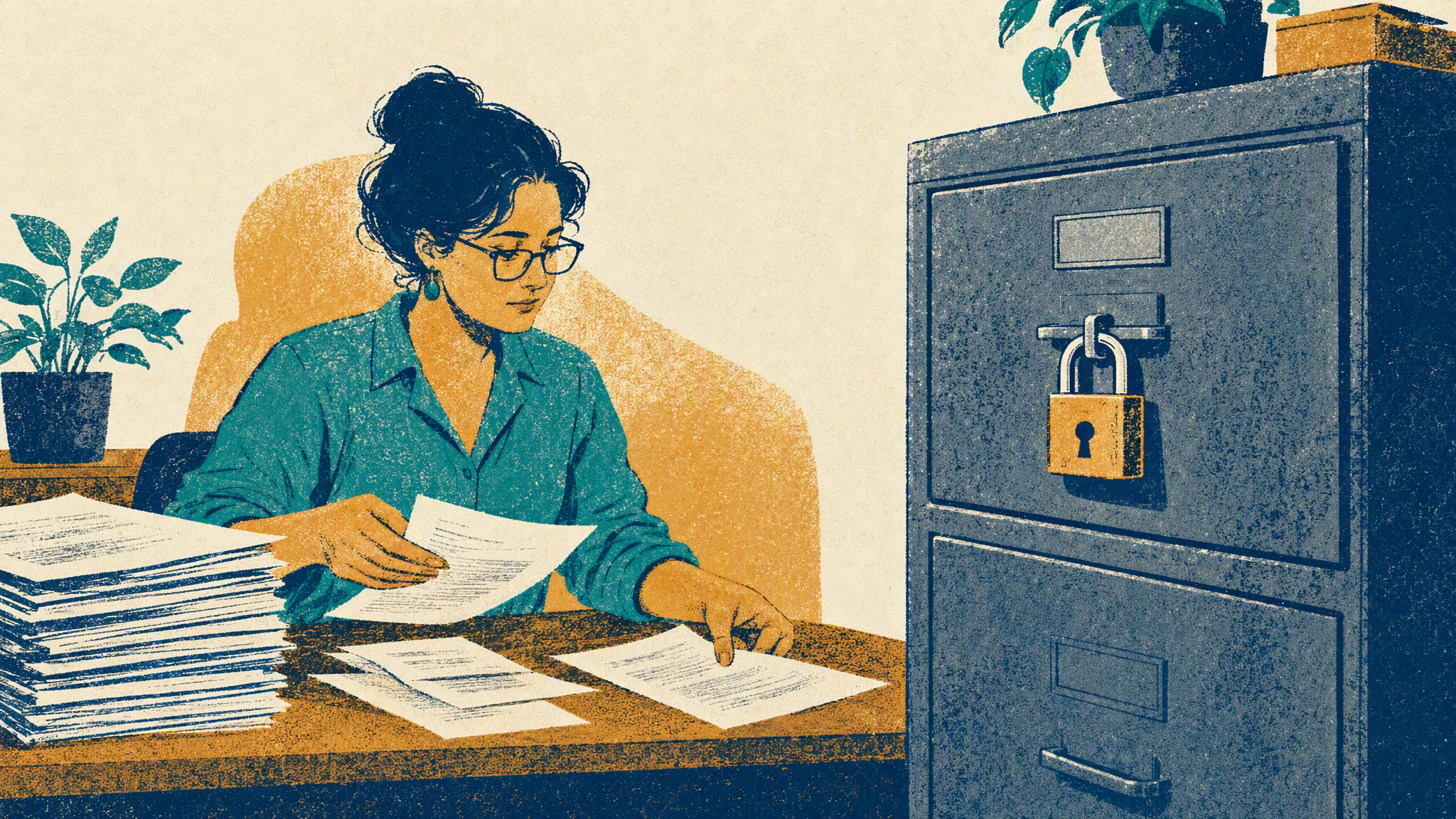 An administrator at a desk reviewing a thick stack of printed pages beside a locked grey filing cabinet.