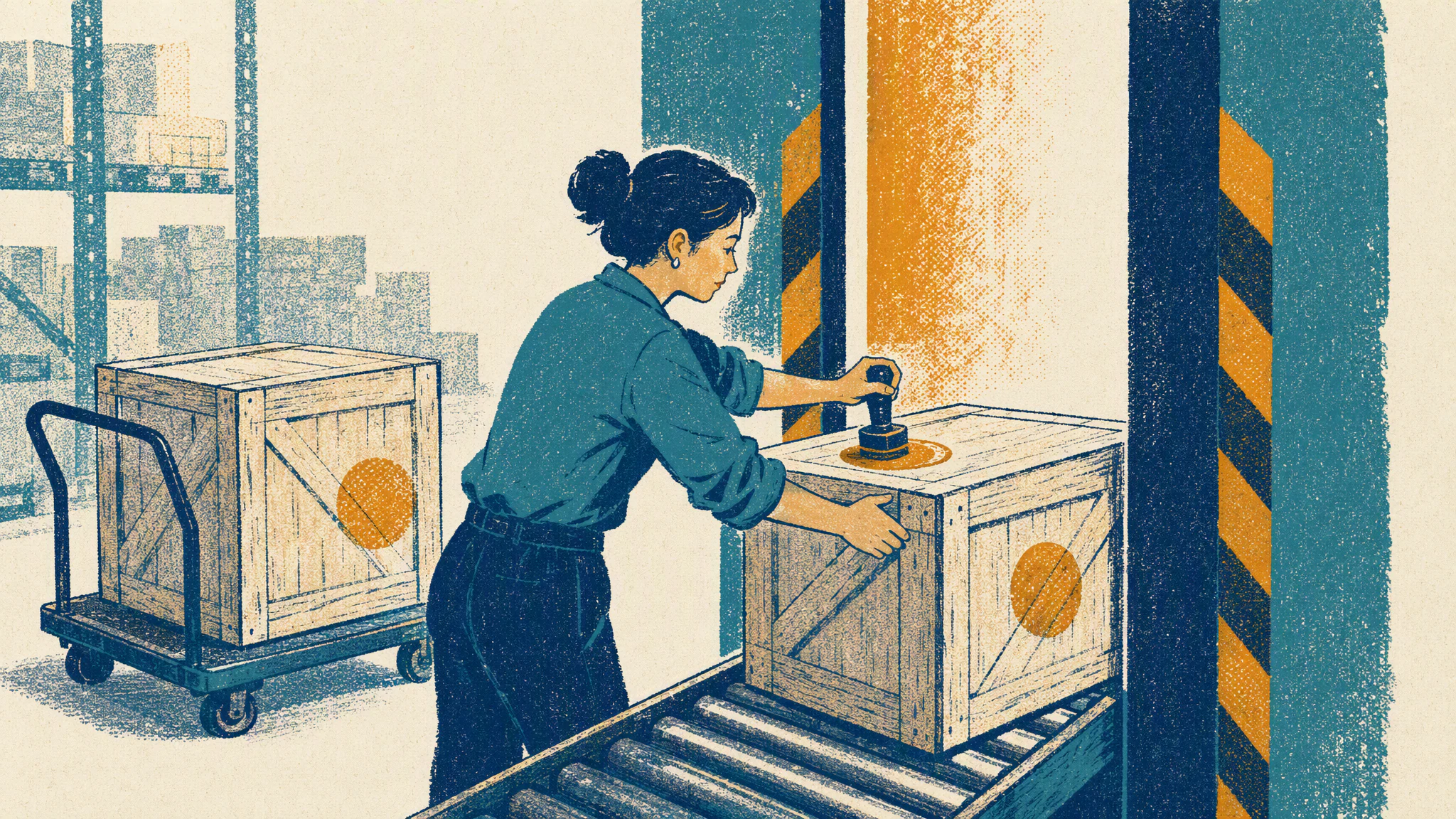 A worker at a warehouse gate stamps a crate and pushes it through, while an older stamped crate waits on a cart aimed back at the gate.