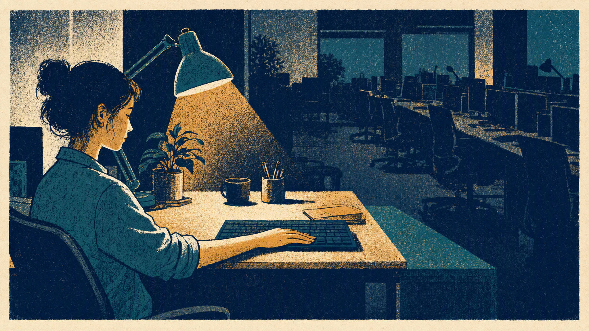 An engineer sits alone at a desk in a quiet office on a Friday evening, one hand resting on a keyboard.
