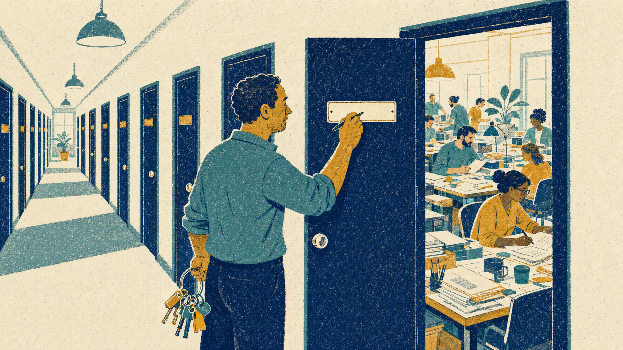 A facilities manager in a corridor of numbered doors writes a name on the blank plate of the one door left open.