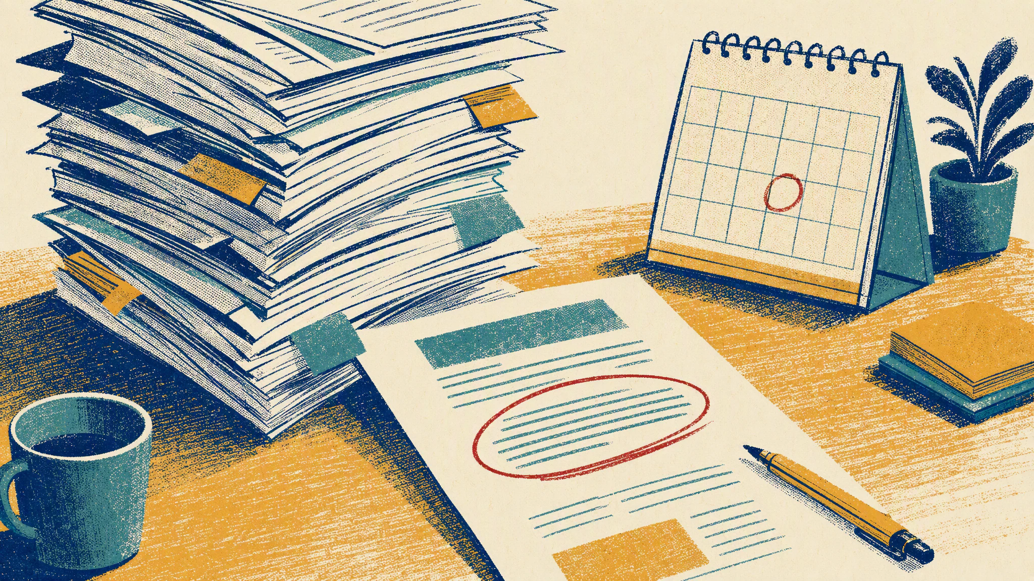 An office desk with a stack of printed memos and a desk calendar with one day circled in red pen.