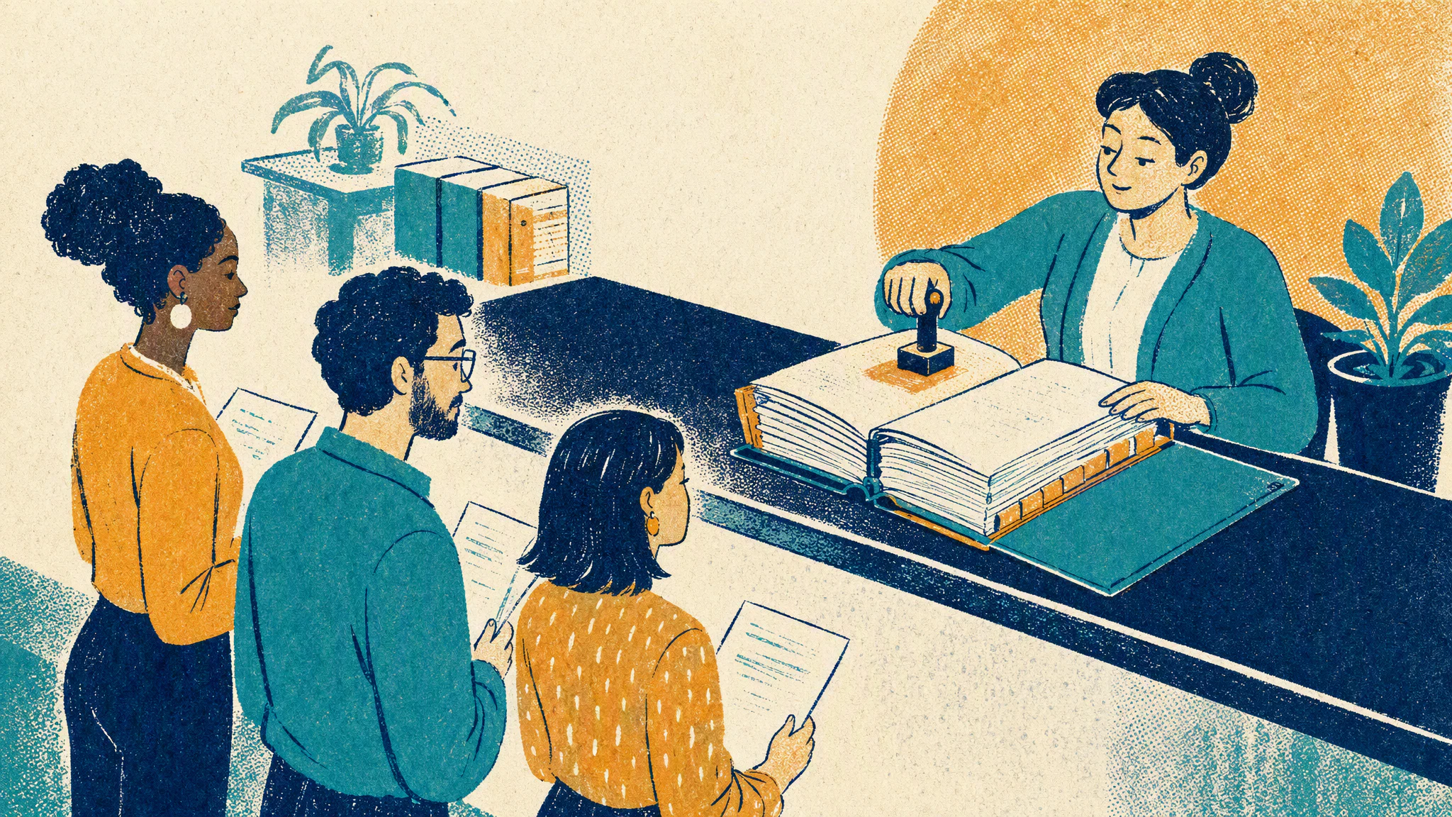A clerk at a records counter stamps the newest page in one thick request folder while three colleagues wait holding separate loose sheets.