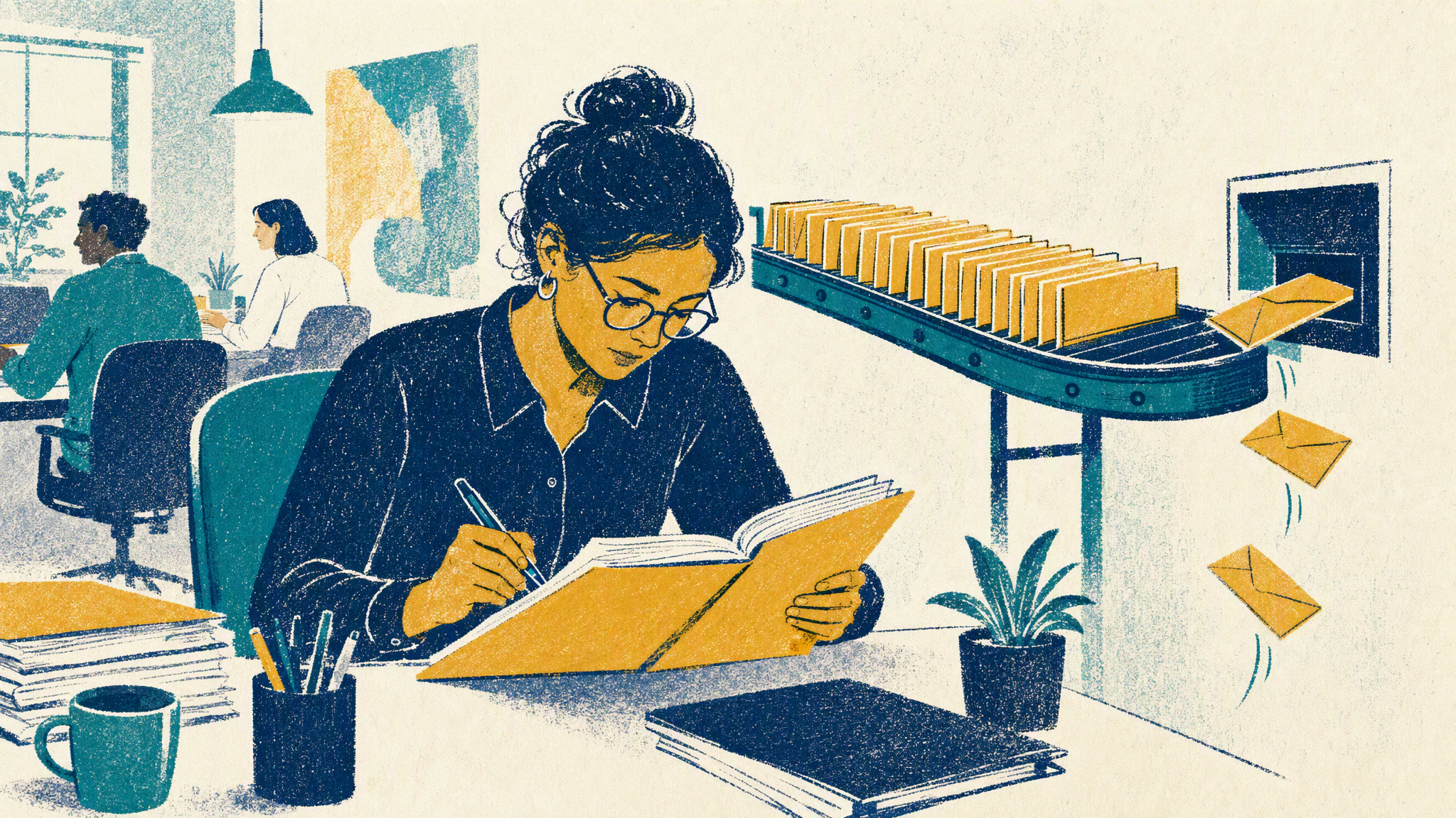 A buyer at her desk reads one thick folder while a tray of thin identical envelopes moves past her untouched.