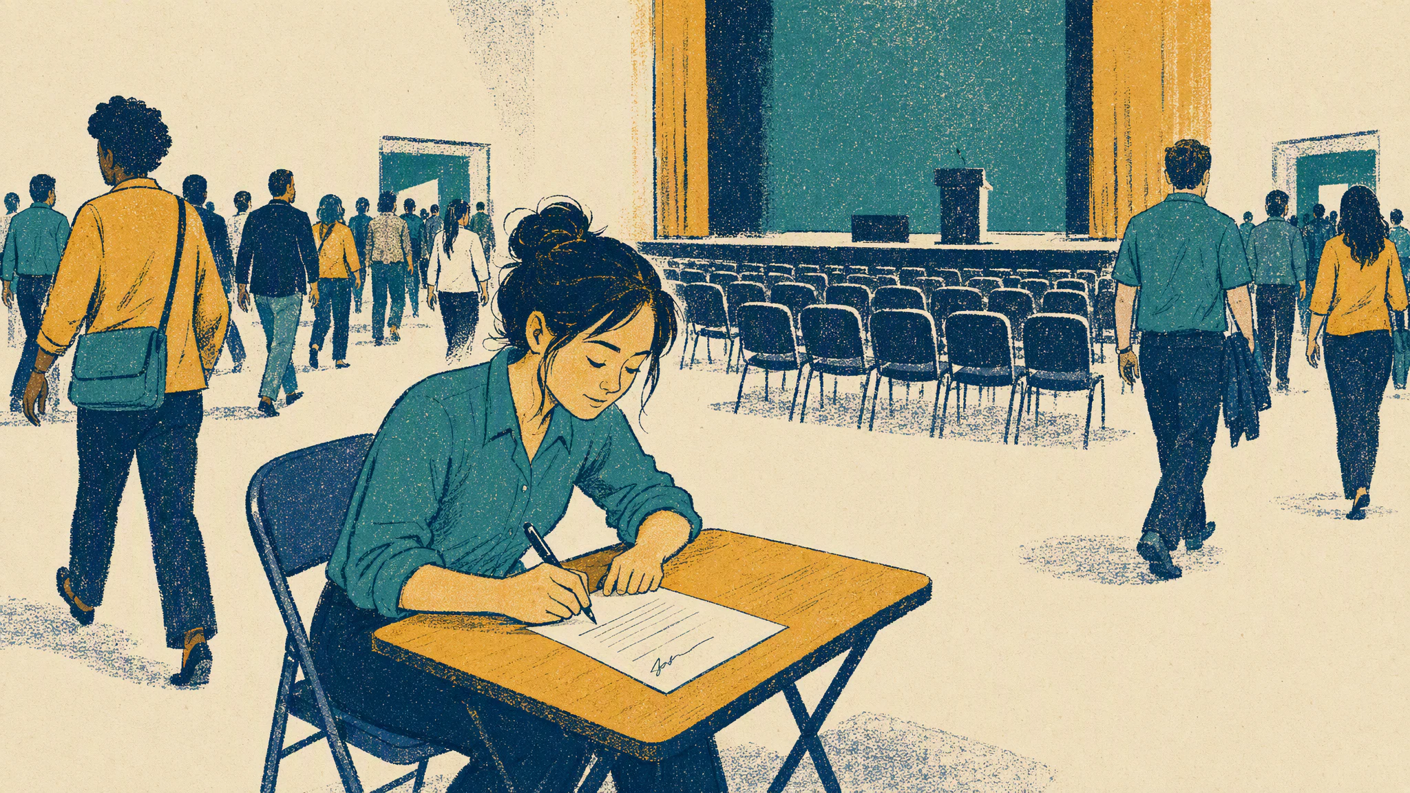 A woman signs a paper change request at a small desk beside an empty stage while a crowd files out of a conference hall.
