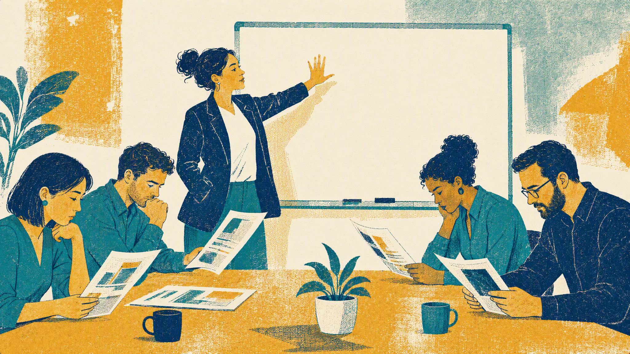 A woman in a blazer stands beside a whiteboard in a meeting room while seated colleagues look at printed reports.