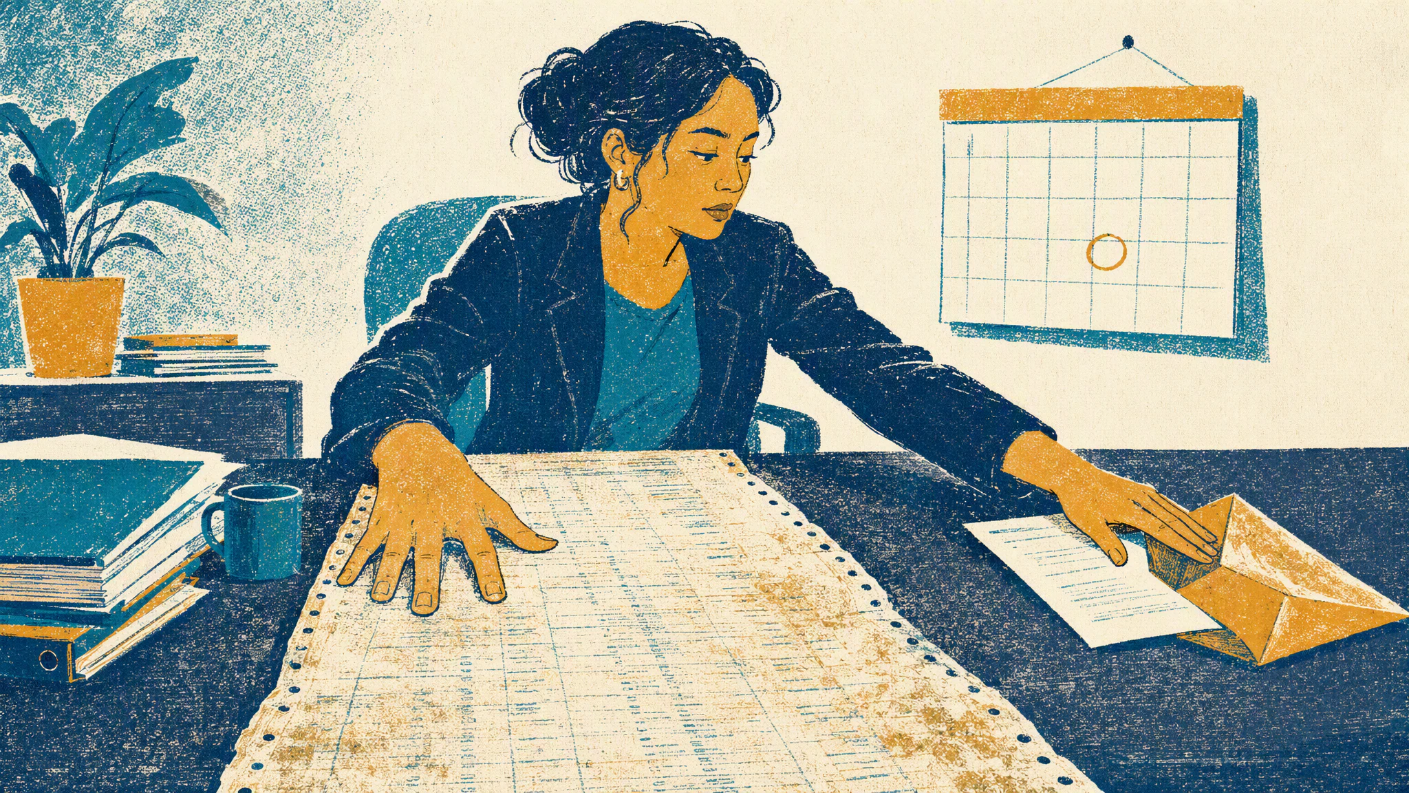 A platform owner at a desk holds a long printed license inventory flat beside an opened vendor letter, a wall calendar behind her.