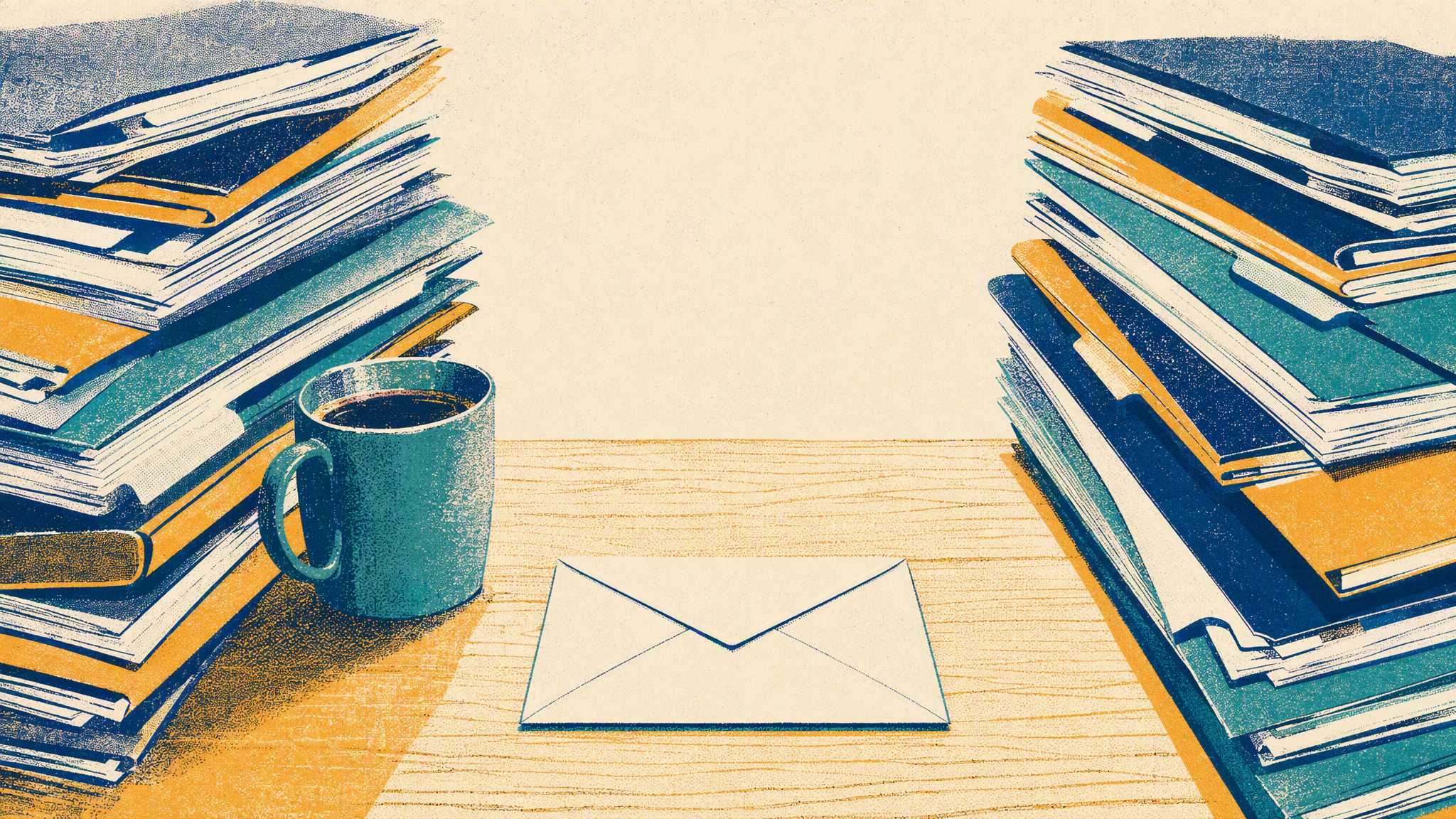 An unopened envelope on a wooden desk beside a cold mug of coffee and two leaning stacks of paper folders.
