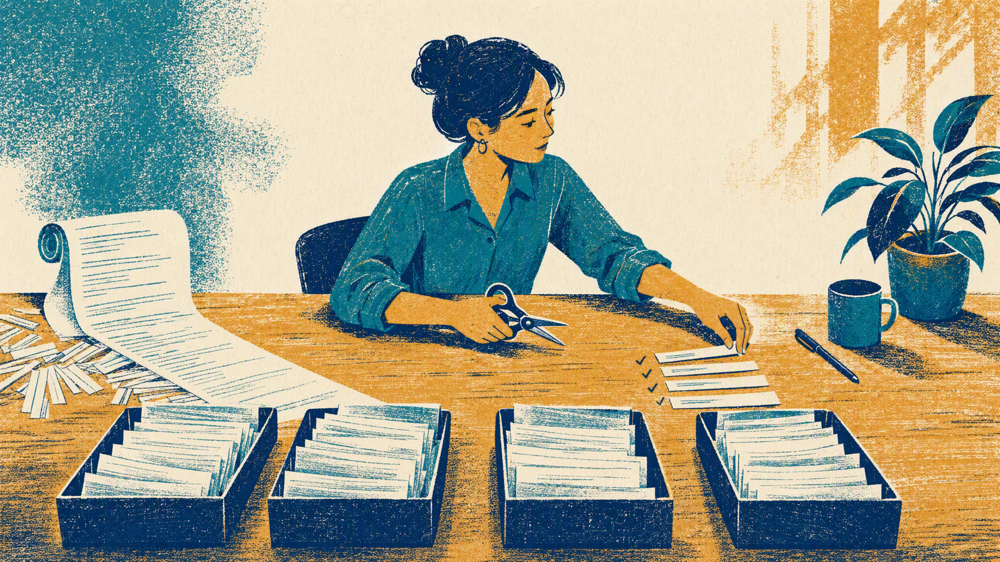 A woman at a long table sorts strips cut from a printed list into four small trays.