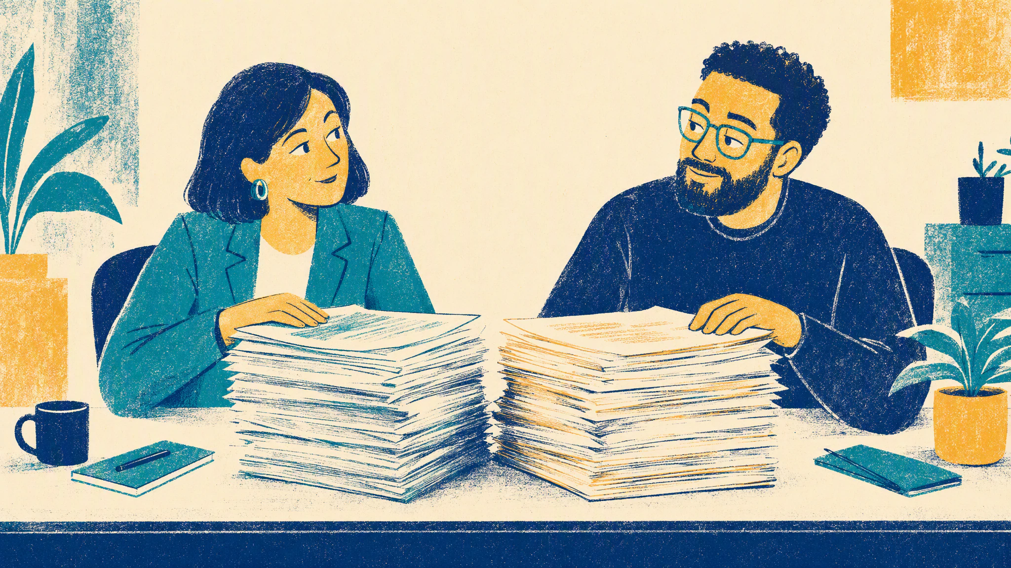 A finance manager and a platform engineer sit at a shared desk comparing two thick stacks of printed pages.