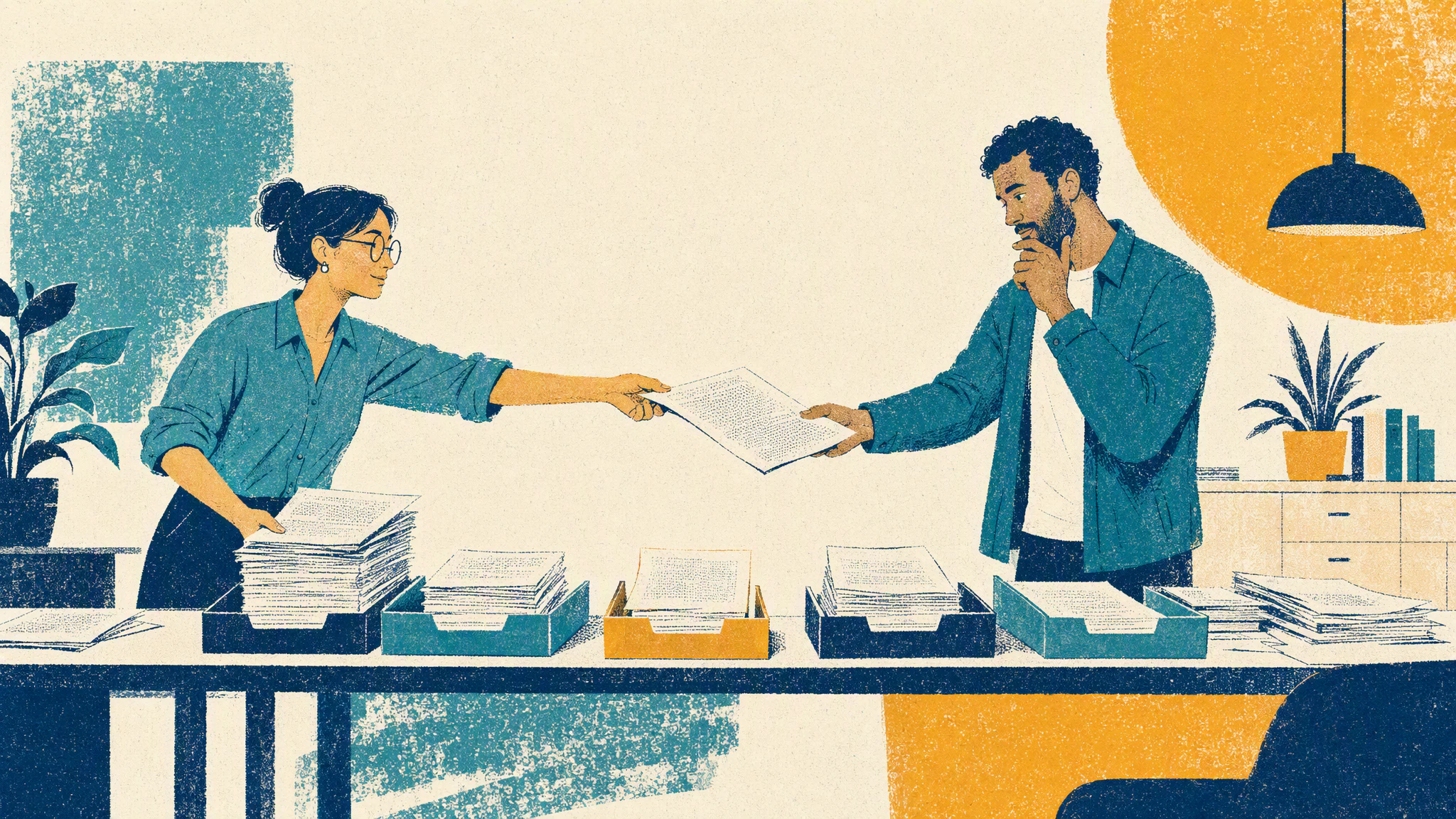 A basis engineer and a finance colleague sort stacks of printed pages into labelled trays on a long office table.