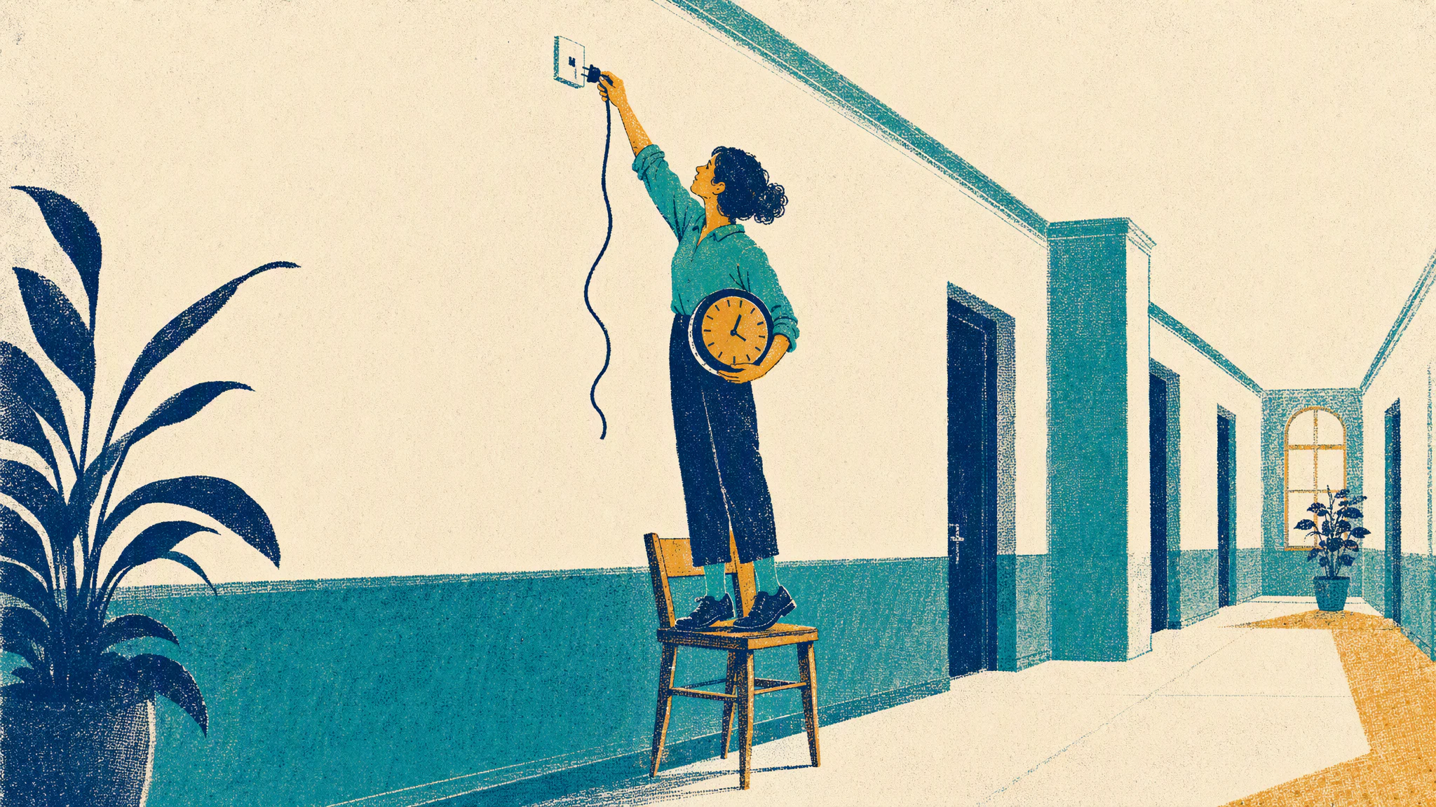 A person standing on a chair to unplug a wall clock from a socket in an empty office corridor.