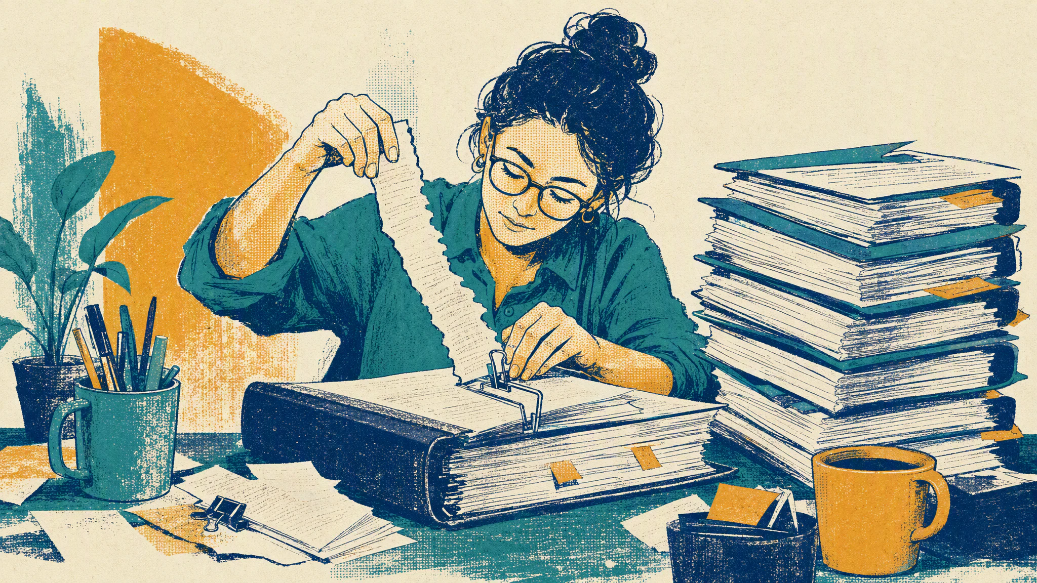 An admin clips one torn strip of paper into a worn ledger next to a tall stack of printed release notes on a cluttered desk.