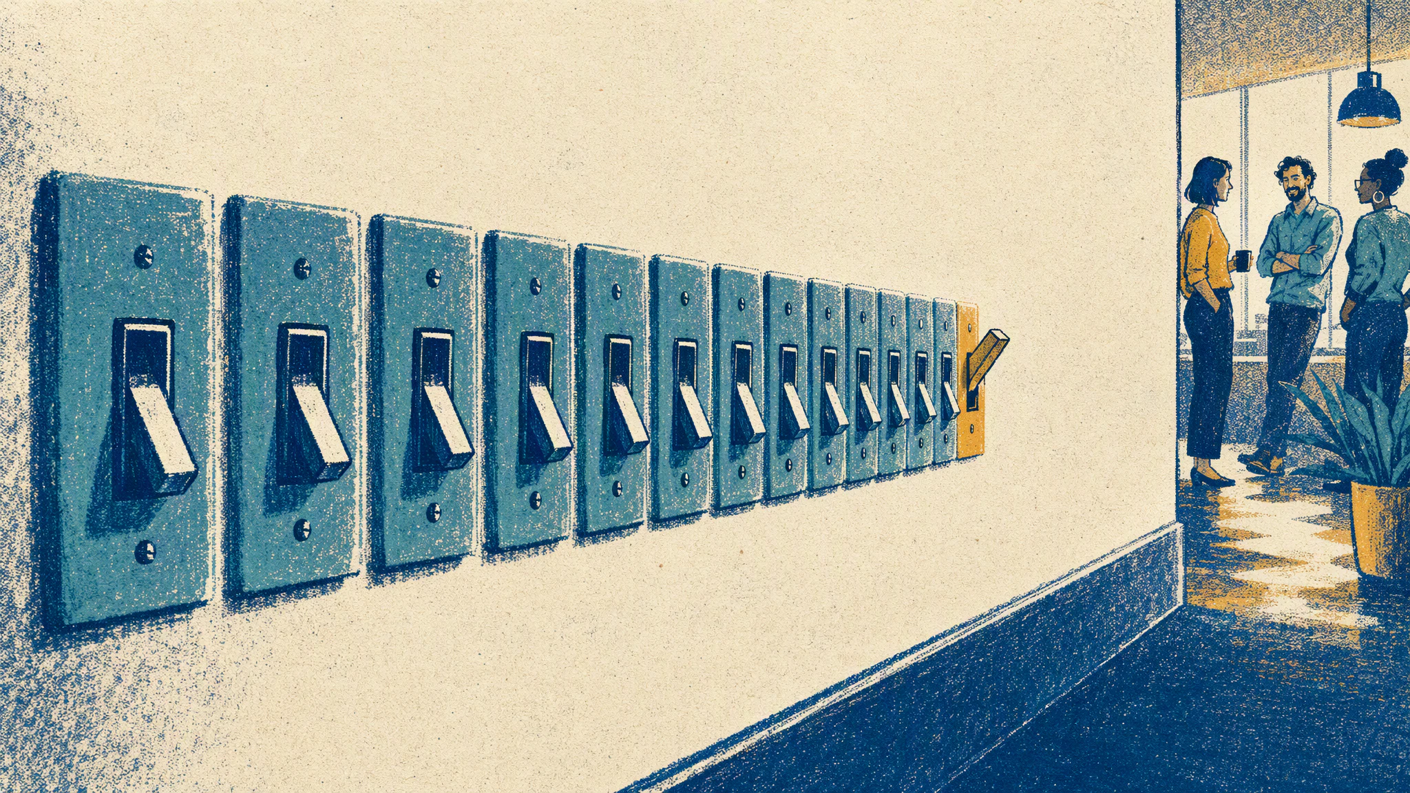 A row of light switches on a painted office wall, most of them flipped down, seen from close up.