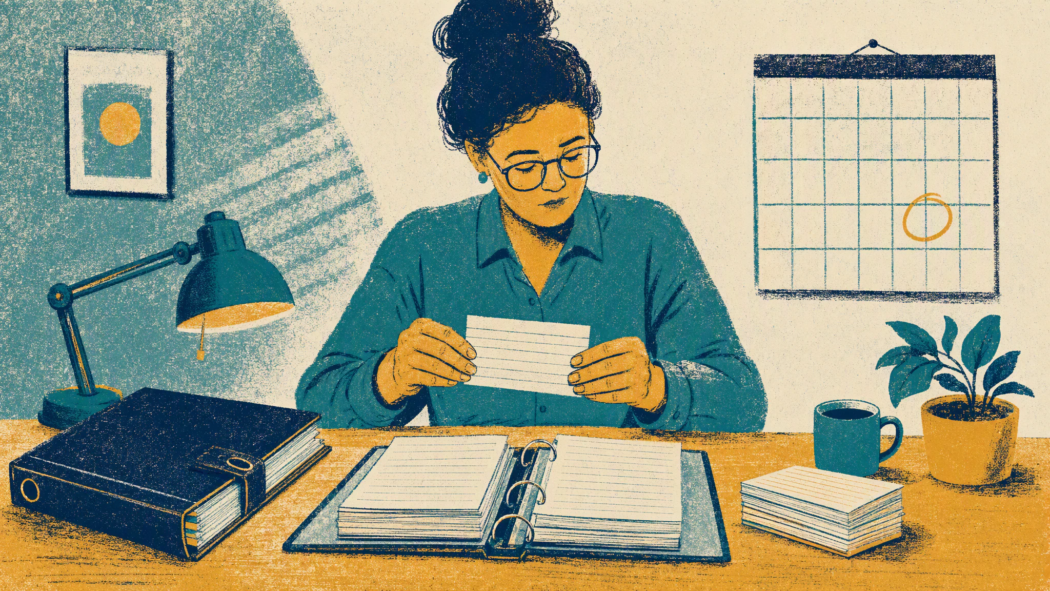 A platform administrator at a desk moves a stack of dated index cards from a closed binder into a fresh open one.