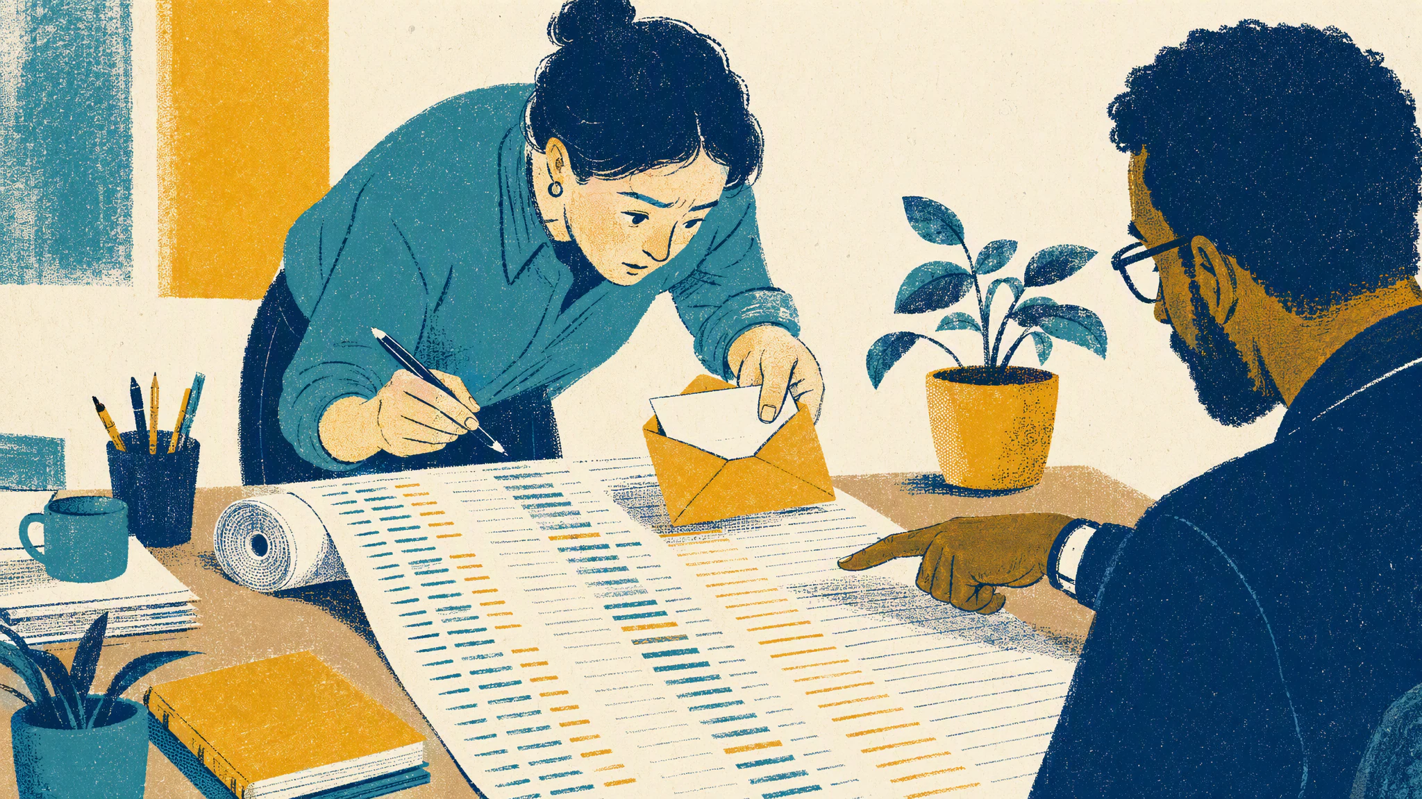 Two colleagues at a desk holding a single opened envelope over one line of a long printed schedule.