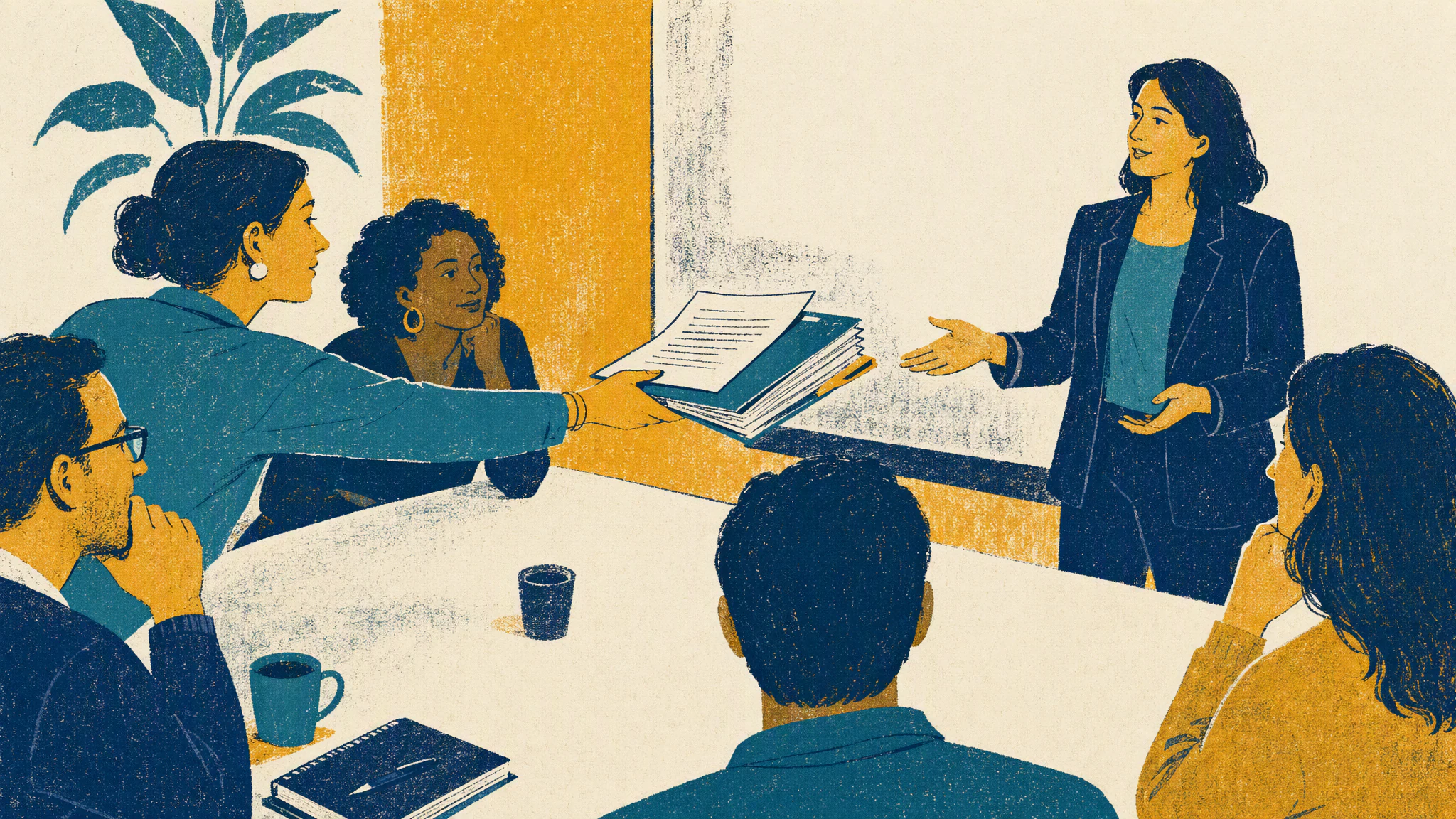 A buyer at a conference table slides a typed script and a thick folder of customer records across to a presenter standing at the front.