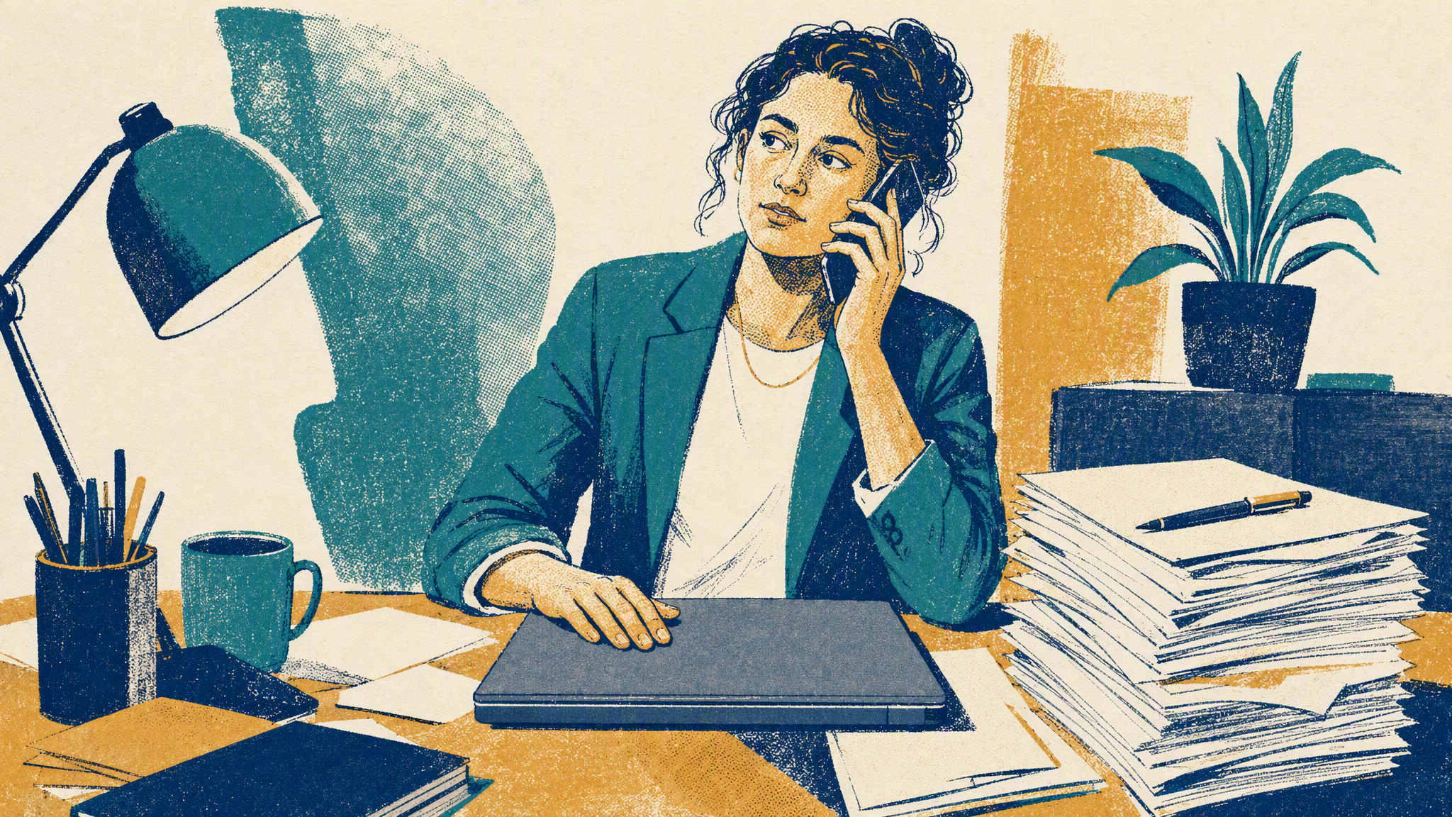 An office worker types on a laptop at a desk while a smartphone showing a messaging app glows beside a stack of paper forms.