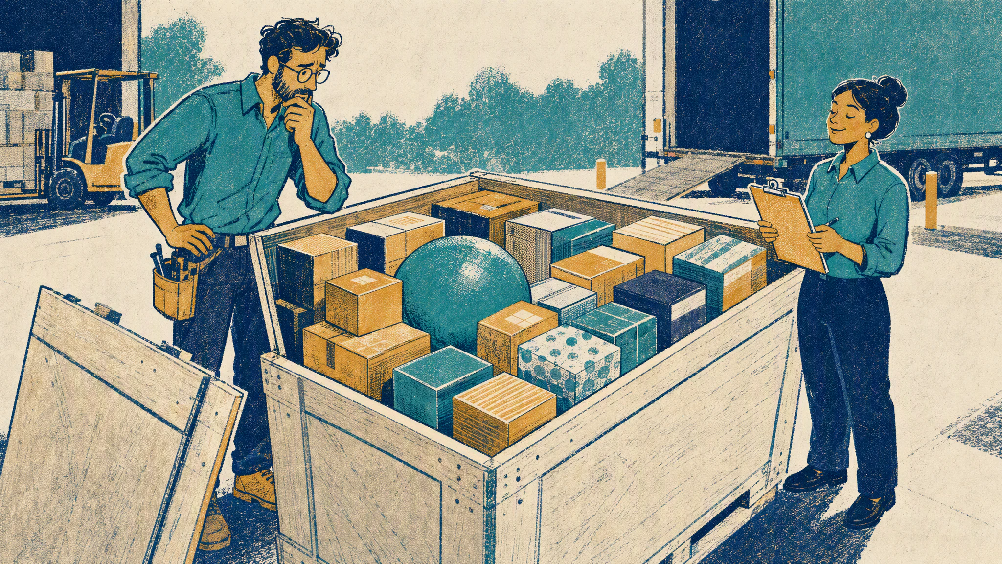 An architect opens a sealed crate of unrequested equipment on a loading dock while a procurement clerk holds the signed delivery slip.