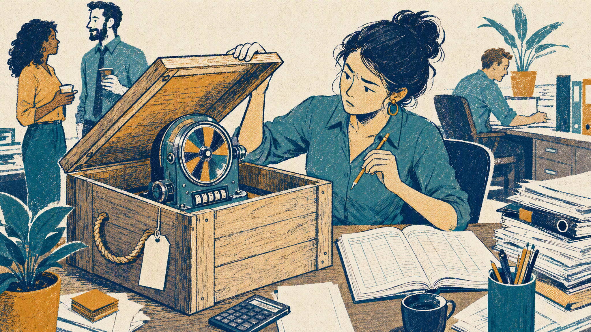 A finance analyst opens a delivery crate on an office desk and finds a coin meter bolted to the inside of the lid.