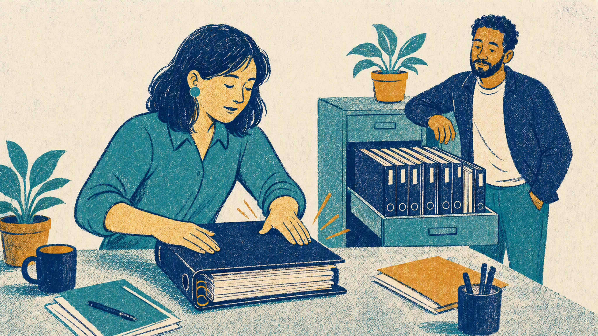 A woman at a desk closes a thick reference binder while a colleague waits beside an open filing cabinet.