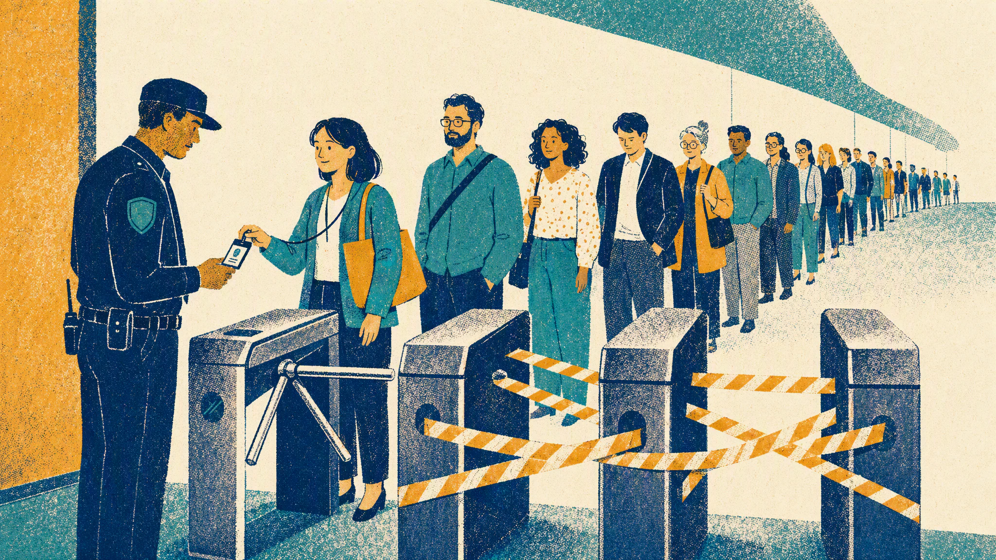 A security guard checks a badge at a single turnstile while a long queue of office workers waits behind.