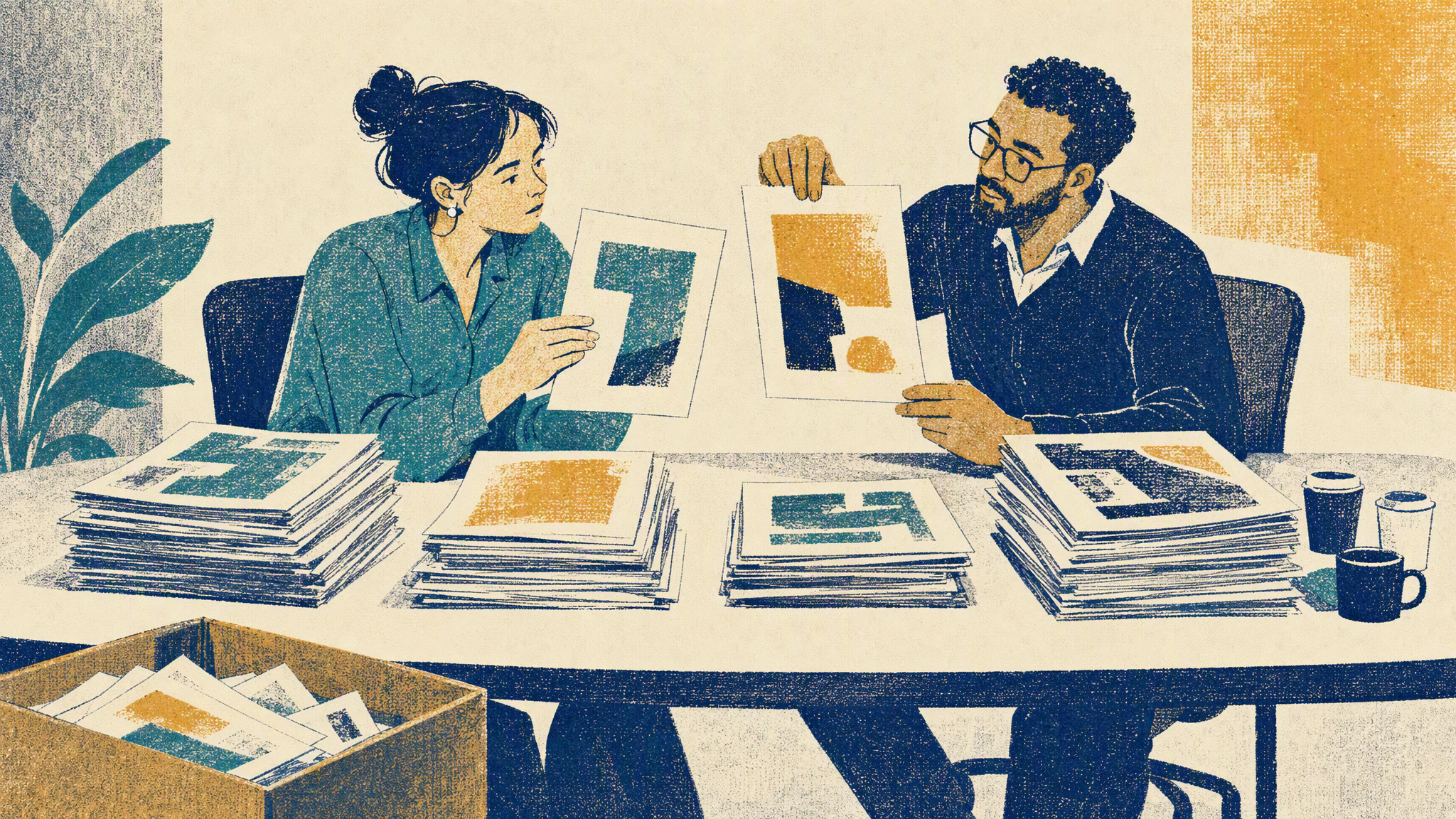 Two colleagues at a conference room table sorting printed pages into stacks beside an open laptop and coffee cups.