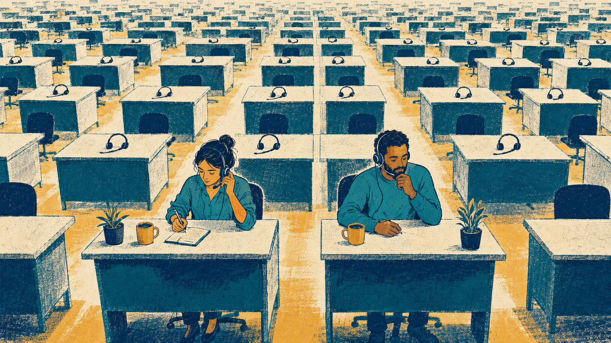 A sales call center with rows of desks where employees wear headsets and look at computer monitors.