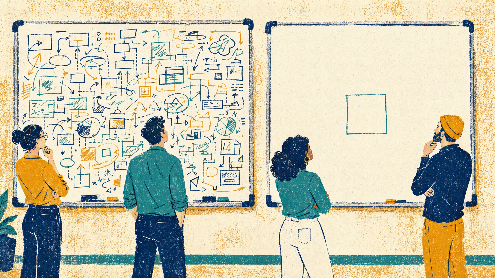 Two office whiteboards side by side, one covered in dense diagrams and the other left mostly blank.