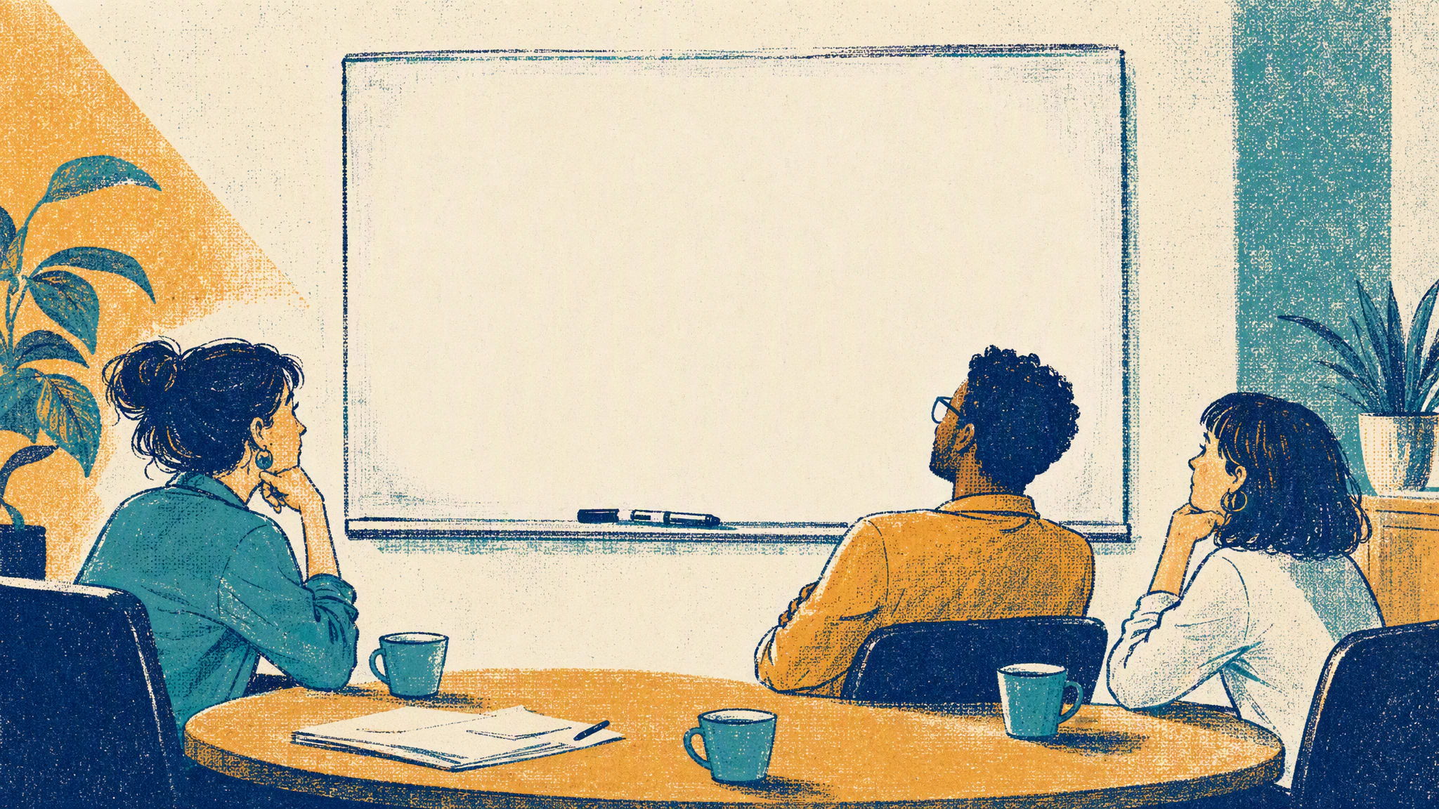 Three people sitting around a small meeting room table with coffee cups and a whiteboard wiped clean behind them.