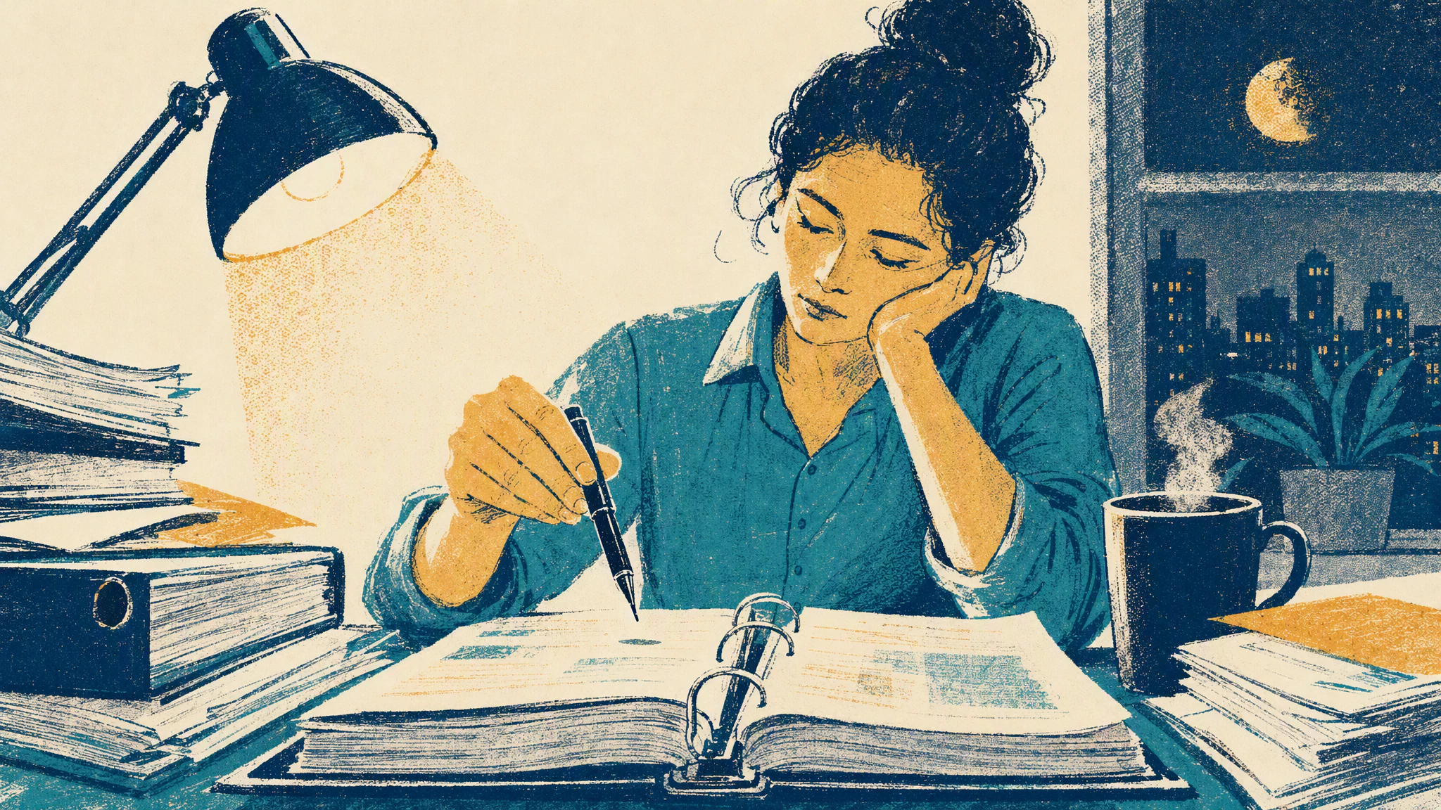 An accountant sits at a desk late in the evening with a thick ring binder open next to a cup of coffee.