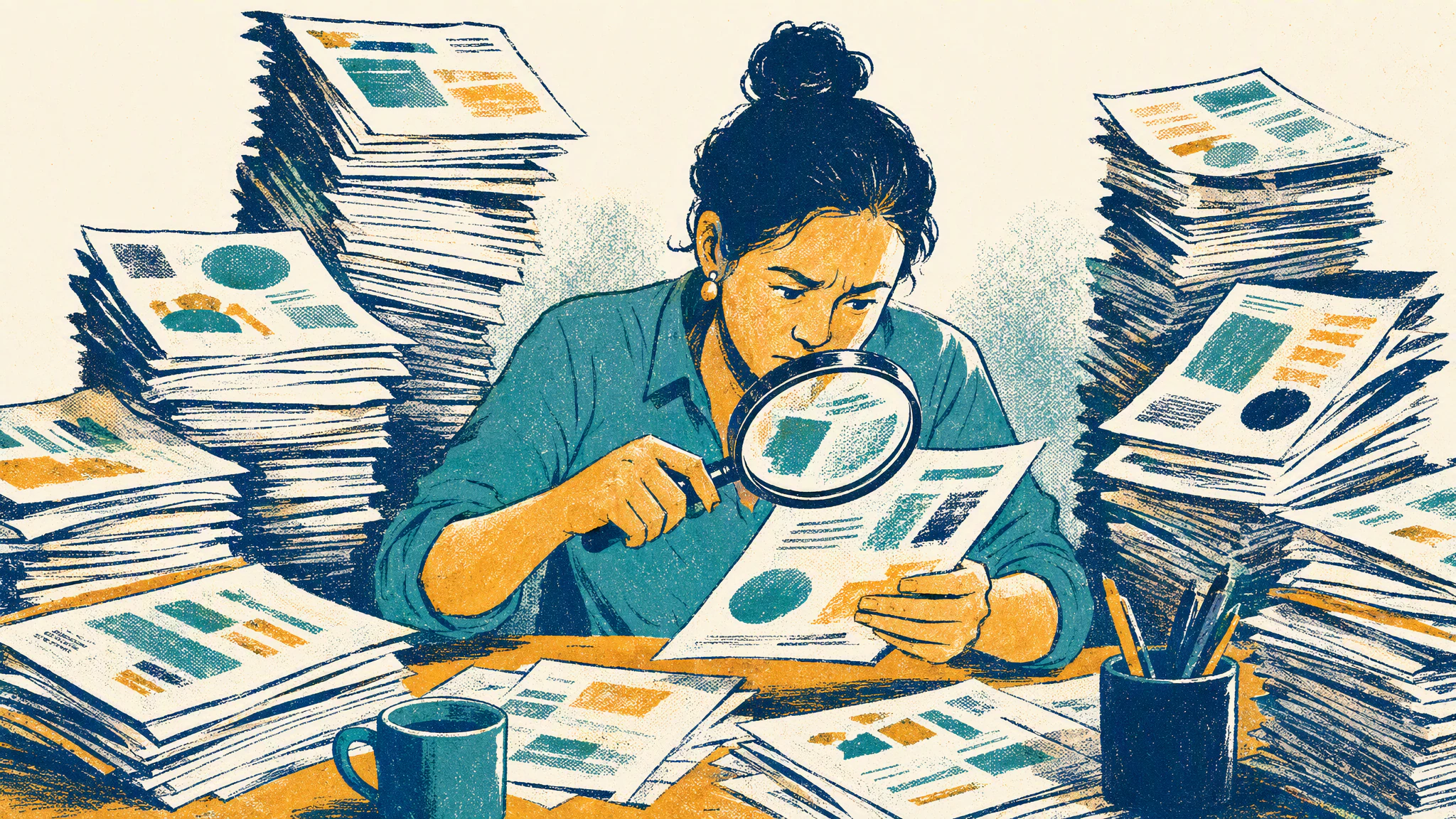 A procurement manager reviews printed spending reports at a cluttered desk beside a glowing computer monitor.