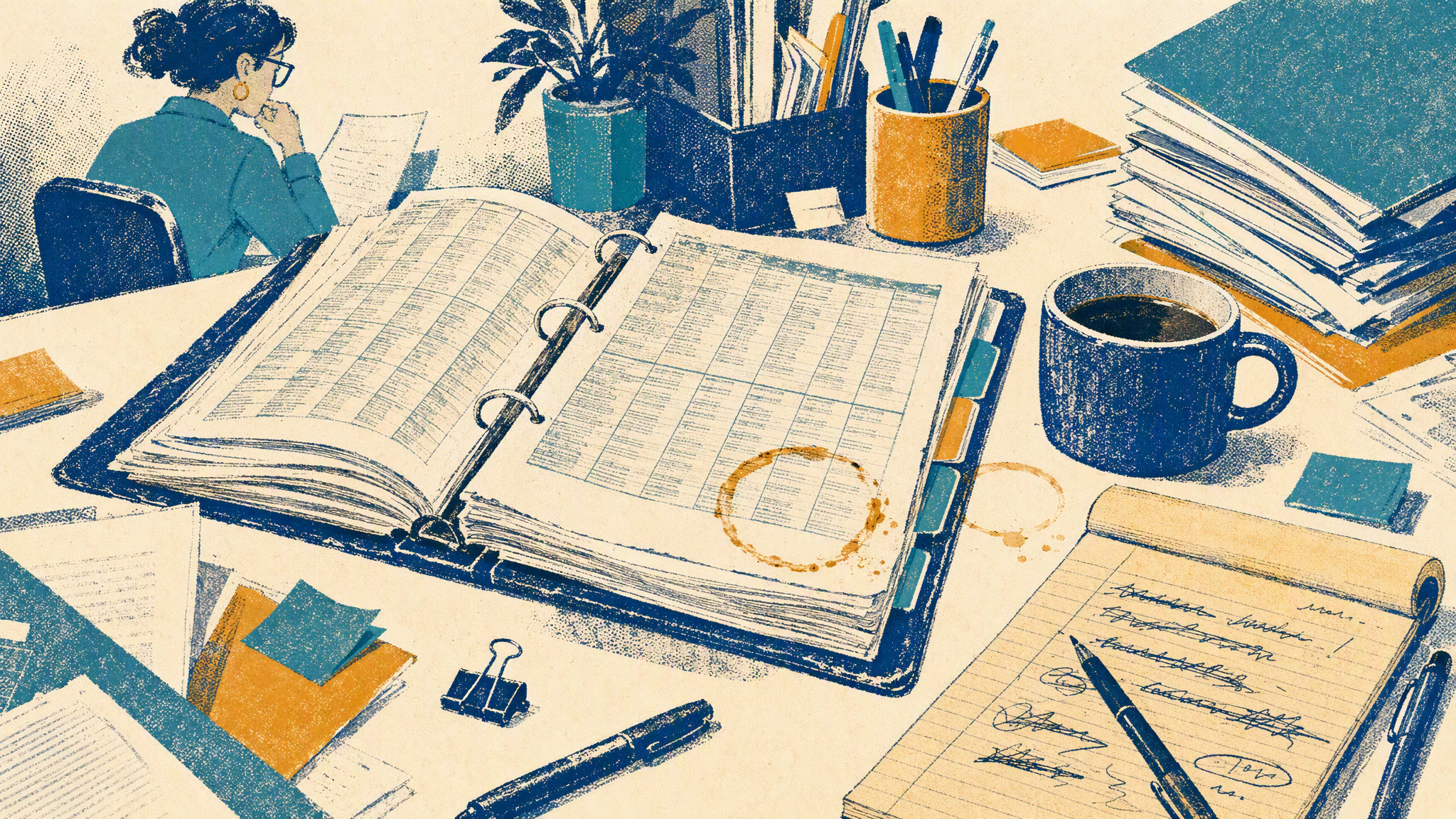A cluttered office desk holds a thick binder of printed pricing tables beside a coffee cup and a legal pad.