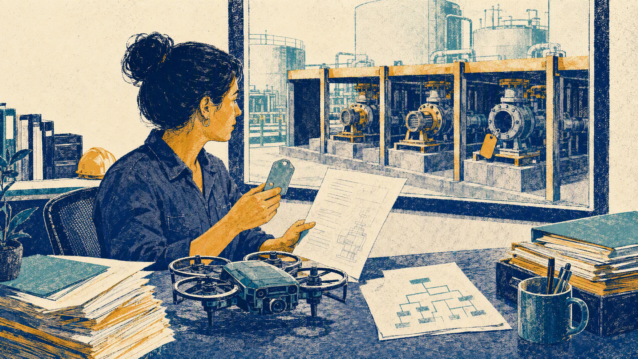 A maintenance planner at a plant desk holds an equipment tag up against a drone resting on the bench beside a stack of paper records.