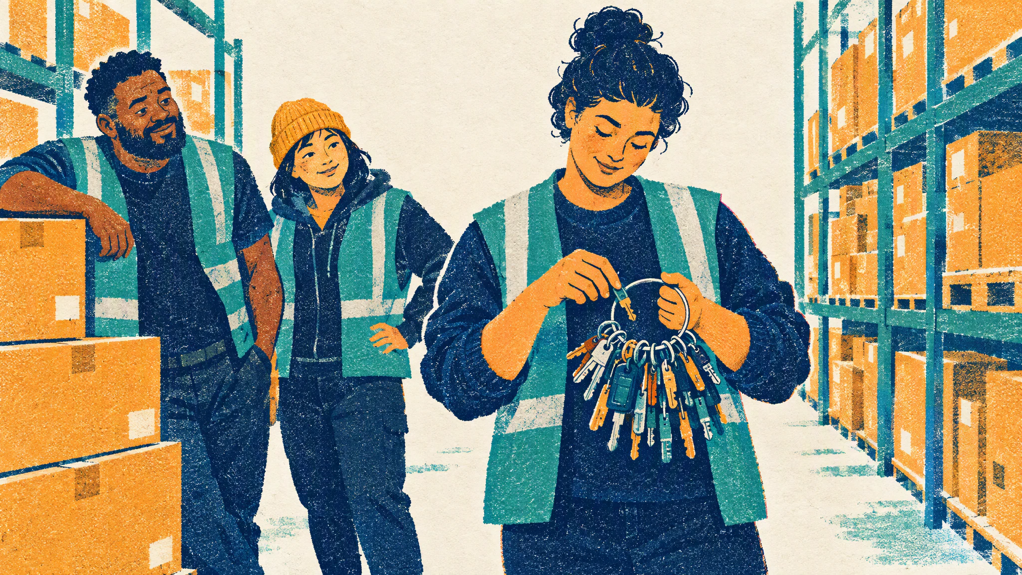 Two warehouse workers pause at the end of an aisle beside a stack of boxes as a supervisor sorts a crowded ring of keys.
