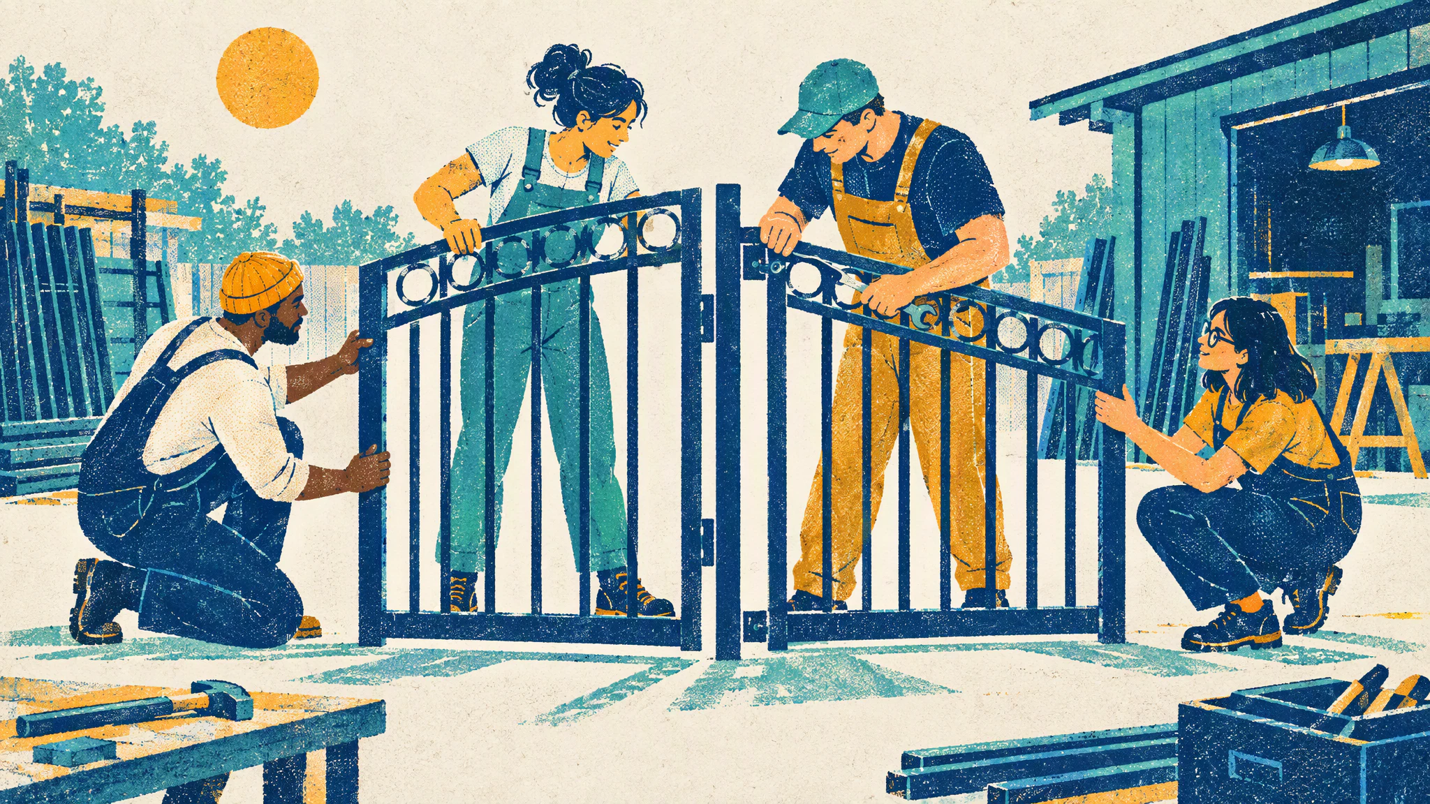 Four workers in overalls fit separate sections of a metal gate together in a workshop yard.