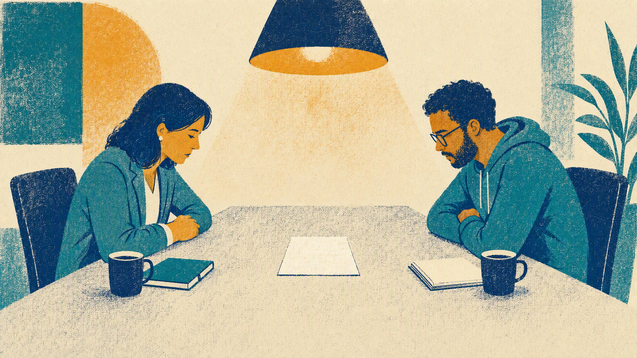 A finance manager and a software engineer sit across a long meeting room table with notebooks and coffee cups.