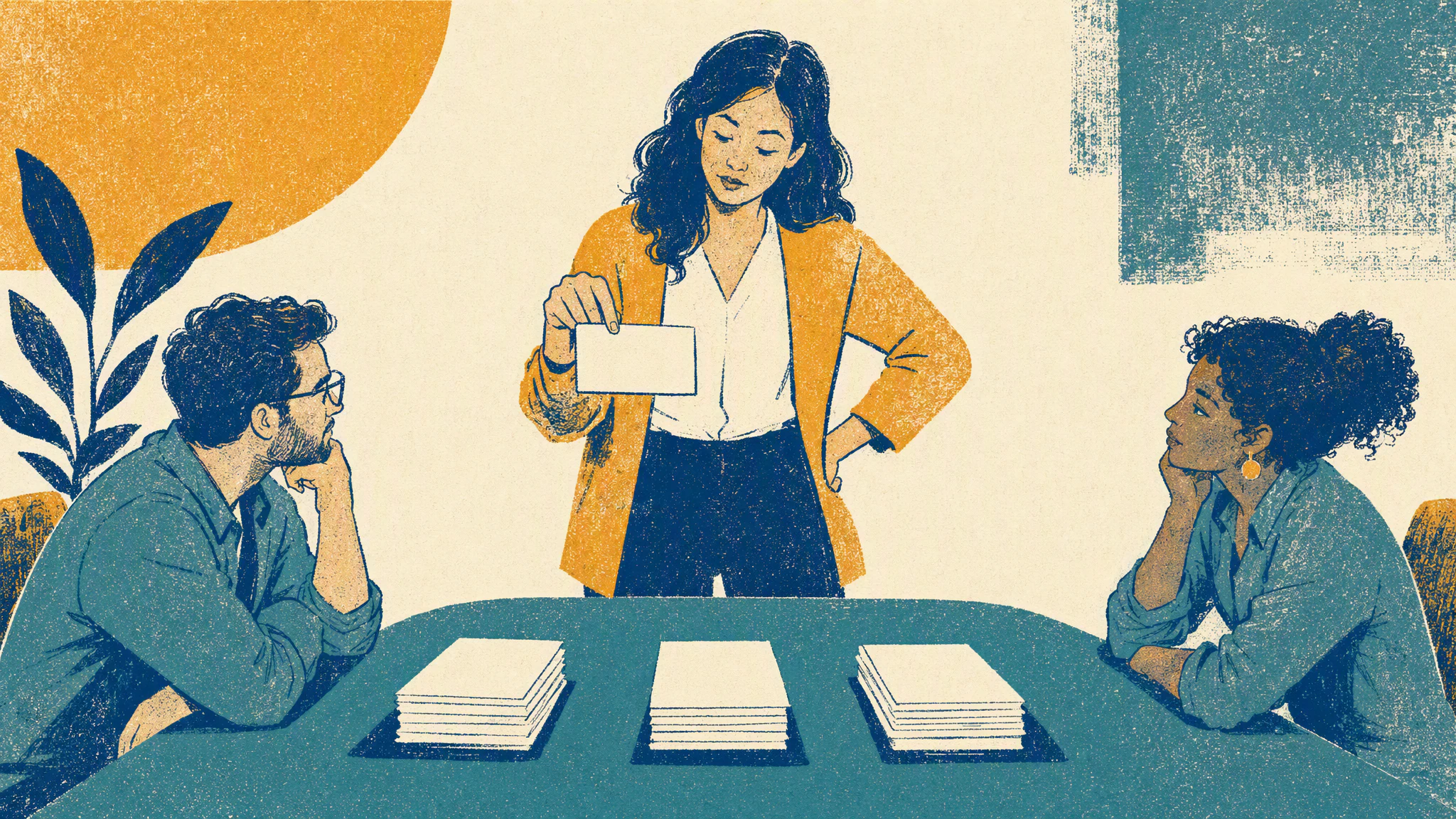 A woman stands at a long meeting table sorting stacks of blank index cards into three separate piles while two colleagues watch.