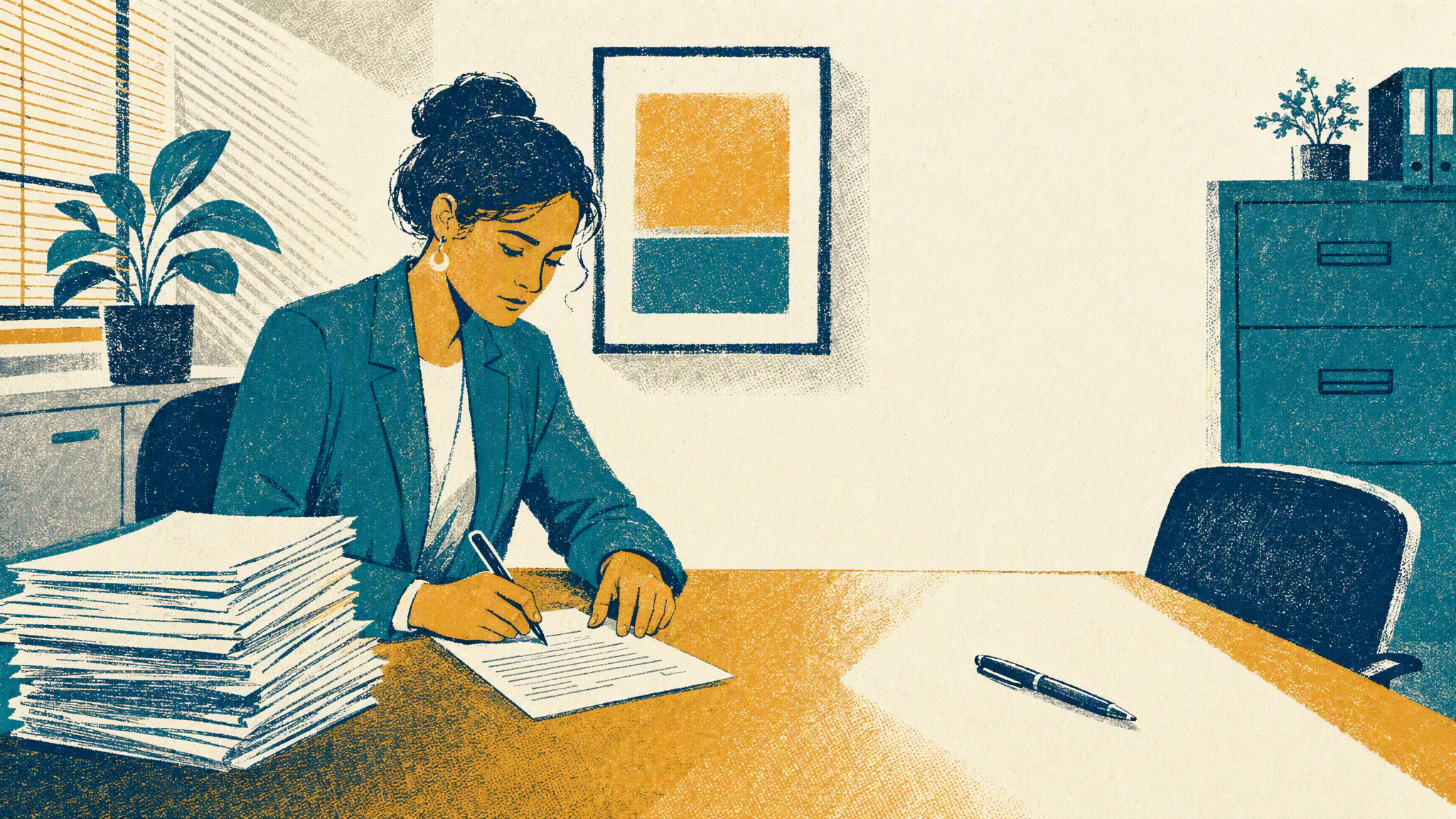 A woman at a desk in a small finance office signing a printed payment report beside a stack of paper invoices.